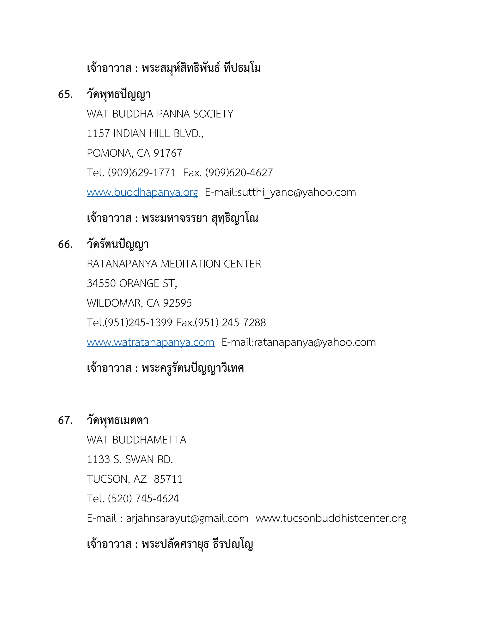 เจ้ำอำวำส : พระสมุห์สิทธิพันธ์ ทีปธมฺโม
65. วัดพุทธปัญญำ
WAT BUDDHA PANNA SOCIETY
1157 INDIAN HILL BLVD.,
POMONA, CA 91767
Tel. (909)629-1771 Fax. (909)620-4627
www.buddhapanya.org E-mail:sutthi_yano@yahoo.com
เจ้ำอำวำส : พระมหำจรรยำ สุทฺธิญำโณ
66. วัดรัตนปัญญำ
RATANAPANYA MEDITATION CENTER
34550 ORANGE ST,
WILDOMAR, CA 92595
Tel.(951)245-1399 Fax.(951) 245 7288
www.watratanapanya.com E-mail:ratanapanya@yahoo.com
เจ้ำอำวำส : พระครูรัตนปัญญำวิเทศ
67. วัดพุทธเมตตำ
WAT BUDDHAMETTA
1133 S. SWAN RD.
TUCSON, AZ 85711
Tel. (520) 745-4624
E-mail : arjahnsarayut@gmail.com www.tucsonbuddhistcenter.org
เจ้ำอำวำส : พระปลัดศรำยุธ ธีรปญฺโญ
 