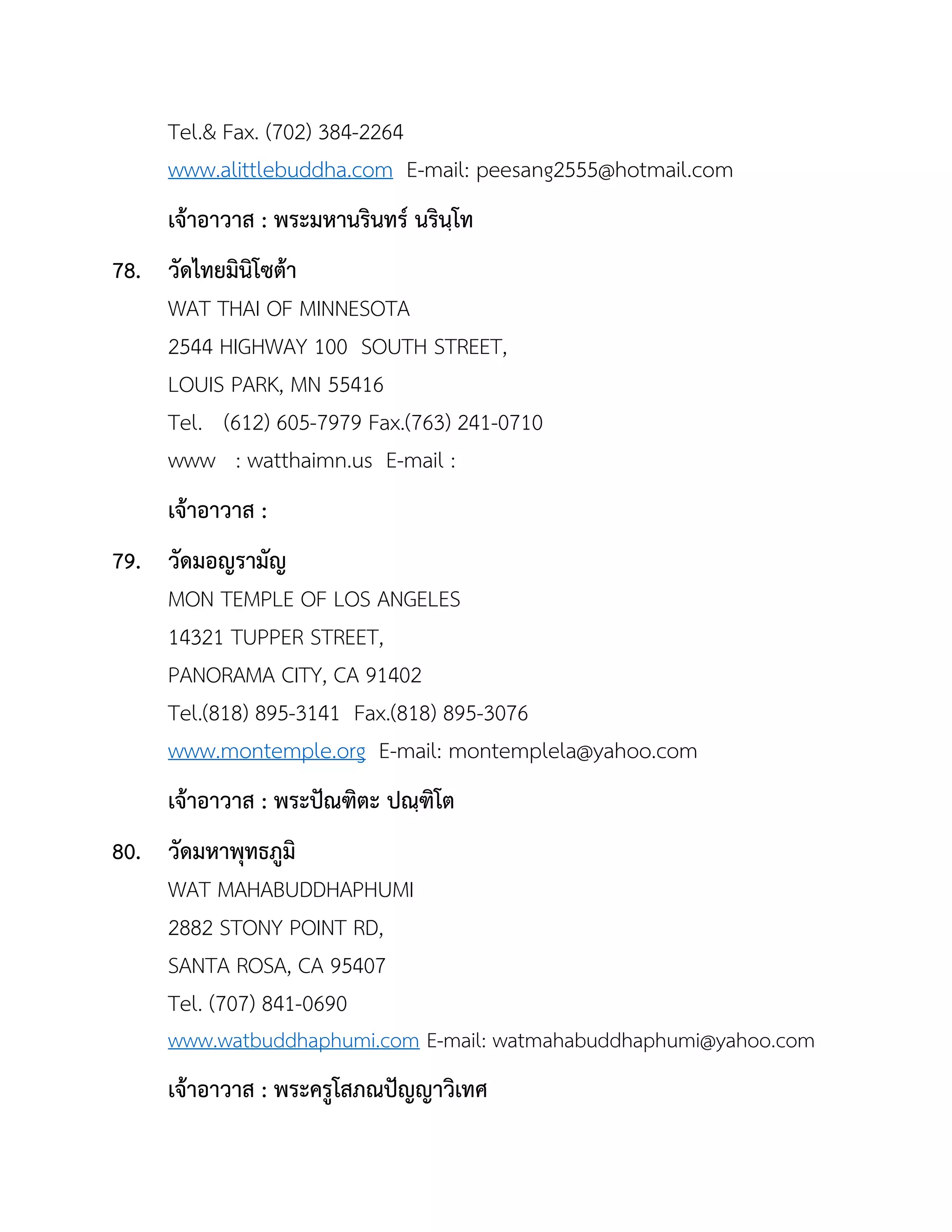 Tel.& Fax. (702) 384-2264
www.alittlebuddha.com E-mail: peesang2555@hotmail.com
เจ้ำอำวำส : พระมหำนรินทร์ นรินฺโท
78. วัดไทยมินิโซต้ำ
WAT THAI OF MINNESOTA
2544 HIGHWAY 100 SOUTH STREET,
LOUIS PARK, MN 55416
Tel. (612) 605-7979 Fax.(763) 241-0710
www : watthaimn.us E-mail :
เจ้ำอำวำส :
79. วัดมอญรำมัญ
MON TEMPLE OF LOS ANGELES
14321 TUPPER STREET,
PANORAMA CITY, CA 91402
Tel.(818) 895-3141 Fax.(818) 895-3076
www.montemple.org E-mail: montemplela@yahoo.com
เจ้ำอำวำส : พระปัณฑิตะ ปณฺฑิโต
80. วัดมหำพุทธภูมิ
WAT MAHABUDDHAPHUMI
2882 STONY POINT RD,
SANTA ROSA, CA 95407
Tel. (707) 841-0690
www.watbuddhaphumi.com E-mail: watmahabuddhaphumi@yahoo.com
เจ้ำอำวำส : พระครูโสภณปัญญำวิเทศ
 