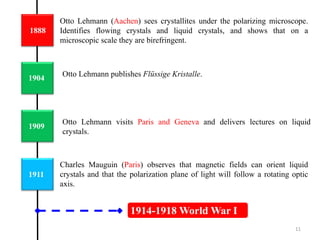 1888
1904
1909
Otto Lehmann (Aachen) sees crystallites under the polarizing microscope.
Identifies flowing crystals and liquid crystals, and shows that on a
microscopic scale they are birefringent.
Otto Lehmann visits Paris and Geneva and delivers lectures on liquid
crystals.
1911
Otto Lehmann publishes Flüssige Kristalle.
Charles Mauguin (Paris) observes that magnetic fields can orient liquid
crystals and that the polarization plane of light will follow a rotating optic
axis.
1914-1918 World War I
11
 