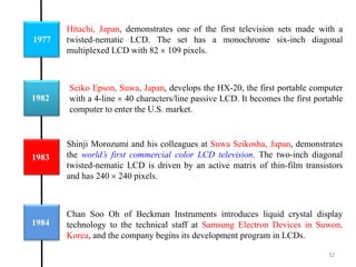 1977
1982
1983
Hitachi, Japan, demonstrates one of the first television sets made with a
twisted-nematic LCD. The set has a monochrome six-inch diagonal
multiplexed LCD with 82  109 pixels.
Shinji Morozumi and his colleagues at Suwa Seikosha, Japan, demonstrates
the world’s first commercial color LCD television. The two-inch diagonal
twisted-nematic LCD is driven by an active matrix of thin-film transistors
and has 240  240 pixels.
1984
Seiko Epson, Suwa, Japan, develops the HX-20, the first portable computer
with a 4-line  40 characters/line passive LCD. It becomes the first portable
computer to enter the U.S. market.
Chan Soo Oh of Beckman Instruments introduces liquid crystal display
technology to the technical staff at Samsung Electron Devices in Suwon,
Korea, and the company begins its development program in LCDs.
32
 