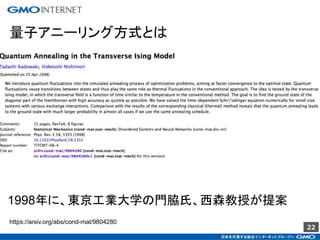 22
量子アニーリング方式とは
https://arxiv.org/abs/cond-mat/9804280
1998年に、東京工業大学の門脇氏、西森教授が提案
 