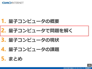 25
1. 量子コンピュータの概要
2. 量子コンピュータで問題を解く
3. 量子コンピュータの現状
4. 量子コンピュータの課題
5. まとめ
 
