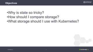 Objectives
•Why is state so tricky?
•How should I compare storage?
•What storage should I use with Kubernetes?
3
@oicheryl
© StorageOS Ltd.
 