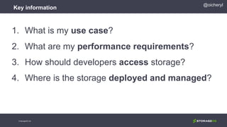 Key information
1. What is my use case?
2. What are my performance requirements?
3. How should developers access storage?
4. Where is the storage deployed and managed?
@oicheryl
© StorageOS Ltd.
 