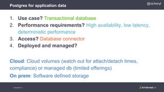 Postgres for application data
© StorageOS Ltd.
@oicheryl
1. Use case? Transactional database
2. Performance requirements? High availability, low latency,
deterministic performance
3. Access? Database connector
4. Deployed and managed?
Cloud: Cloud volumes (watch out for attach/detach times,
compliance) or managed db (limited offerings)
On prem: Software defined storage
 