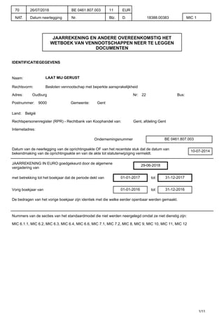 JAARREKENING EN ANDERE OVEREENKOMSTIG HET
WETBOEK VAN VENNOOTSCHAPPEN NEER TE LEGGEN
DOCUMENTEN
IDENTIFICATIEGEGEVENS
Naam: LAAT MIJ GERUST
Rechtsvorm: Besloten vennootschap met beperkte aansprakelijkheid
Adres: Oudburg Nr: 22 Bus:
Postnummer: 9000 Gemeente: Gent
Land: België
Rechtspersonenregister (RPR) - Rechtbank van Koophandel van: Gent, afdeling Gent
Internetadres:
Ondernemingsnummer BE 0461.807.003
Datum van de neerlegging van de oprichtingsakte OF van het recentste stuk dat de datum van
bekendmaking van de oprichtingsakte en van de akte tot statutenwijziging vermeldt.
10-07-2014
JAARREKENING IN EURO goedgekeurd door de algemene
vergadering van
29-06-2018
met betrekking tot het boekjaar dat de periode dekt van 01-01-2017 tot 31-12-2017
Vorig boekjaar van 01-01-2016 tot 31-12-2016
De bedragen van het vorige boekjaar zijn identiek met die welke eerder openbaar werden gemaakt.
Nummers van de secties van het standaardmodel die niet werden neergelegd omdat ze niet dienstig zijn:
MIC 6.1.1, MIC 6.2, MIC 6.3, MIC 6.4, MIC 6.6, MIC 7.1, MIC 7.2, MIC 8, MIC 9, MIC 10, MIC 11, MIC 12
1/11
70
NAT.
26/07/2018
Datum neerlegging
BE 0461.807.003
Nr.
11
Blz.
EUR
D. 18388.00383 MIC 1
 