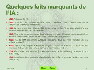 Quelques faits marquants de
l’IA :
• 1956: Naissance de l’IA,
• 1965: Naissance du premier système expert DENDRAL, pour l’identification de la
composition chimique d’un matériau,
• 1997: Le programme Deep Blue de IBM bas le maître du jeu d’échec Gary KOSPAROV, un
tournant dans l’histoire de l’informatique,
• 2010: Mise en forme du concept de Deep Learning avec des: réseaux de neurones artificiels,
d’analyse discriminante et des puissances de calcul sur des mégadonnées,
• 2015: l’IA de IBM dénommée WATSON remporte deux des trois manches du jeu
télévisé Jeopardy! ,
• 2016: AlphaGo de DeepMind (filiale de Google) a appris en 4 heures par lui-même les
stratégies du Jeu de Go et a battu le meilleur joueur mondial de Go,
• 2017: AlphaGoZero apprend sans données humaines et bat les meilleurs joueurs aux échecs
et au Shogi,
• 2017: AutoML une IA de Google, a développé une IA « enfant » nommée NASNet, (nouveau
jalon IA 2.0)
6Avril 2018
 