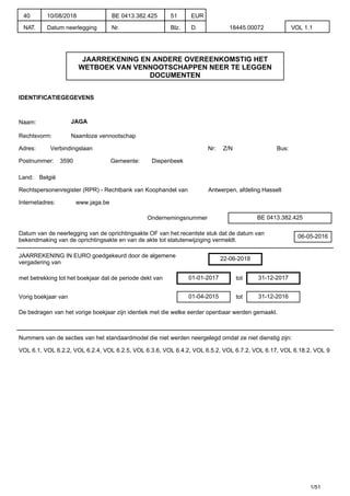 JAARREKENING EN ANDERE OVEREENKOMSTIG HET
WETBOEK VAN VENNOOTSCHAPPEN NEER TE LEGGEN
DOCUMENTEN
IDENTIFICATIEGEGEVENS
Naam: JAGA
Rechtsvorm: Naamloze vennootschap
Adres: Verbindingslaan Nr: Z/N Bus:
Postnummer: 3590 Gemeente: Diepenbeek
Land: België
Rechtspersonenregister (RPR) - Rechtbank van Koophandel van Antwerpen, afdeling Hasselt
Internetadres: www.jaga.be
Ondernemingsnummer BE 0413.382.425
Datum van de neerlegging van de oprichtingsakte OF van het recentste stuk dat de datum van
bekendmaking van de oprichtingsakte en van de akte tot statutenwijziging vermeldt.
06-05-2016
JAARREKENING IN EURO goedgekeurd door de algemene
vergadering van
22-06-2018
met betrekking tot het boekjaar dat de periode dekt van 01-01-2017 tot 31-12-2017
Vorig boekjaar van 01-04-2015 tot 31-12-2016
De bedragen van het vorige boekjaar zijn identiek met die welke eerder openbaar werden gemaakt.
Nummers van de secties van het standaardmodel die niet werden neergelegd omdat ze niet dienstig zijn:
VOL 6.1, VOL 6.2.2, VOL 6.2.4, VOL 6.2.5, VOL 6.3.6, VOL 6.4.2, VOL 6.5.2, VOL 6.7.2, VOL 6.17, VOL 6.18.2, VOL 9
1/51
40
NAT.
10/08/2018
Datum neerlegging
BE 0413.382.425
Nr.
51
Blz.
EUR
D. 18445.00072 VOL 1.1
 