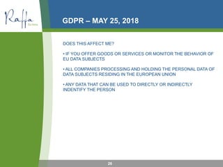 GDPR – MAY 25, 2018
DOES THIS AFFECT ME?
• IF YOU OFFER GOODS OR SERVICES OR MONITOR THE BEHAVIOR OF
EU DATA SUBJECTS
• ALL COMPANIES PROCESSING AND HOLDING THE PERSONAL DATA OF
DATA SUBJECTS RESIDING IN THE EUROPEAN UNION
• ANY DATA THAT CAN BE USED TO DIRECTLY OR INDIRECTLY
INDENTIFY THE PERSON
26
 