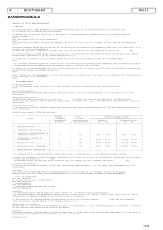 WAARDERINGSREGELS
SAMENVATTING VAN DE WAARDERINGSREGELS
I. Beginsel
De waarderingsregels worden vastgesteld overeenkomstig de bepalingen van het koninklijk besluit van 30 januari 2001
tot uitvoering van het Wetboek van vennootschappen.
Ten behoeve van het getrouwe beeld wordt in de volgende uitzonderingsgevallen afgeweken van de bij dit besluit bepaalde
waarderingsregels :
NIHIL
Deze afwijkingen worden als volgt verantwoord :
NIHIL
Deze afwijkingen beïnvloeden als volgt het vermogen, de financiële positie en het resultaat vóór belasting van de onderneming
NIHIL
De waarderingsregels werden ten opzichte van het vorige boekjaar qua verwoording of toepassing [gewijzigd] [niet gewijzigd]; zo ja,
dan heeft de wijziging betrekking op :
en heeft een [positieve] [negatieve] invloed op het resultaat van het boekjaar vóór belasting ten belope van EUR.
De resultatenrekening [wordt] [wordt niet] op belangrijke wijze beïnvloed door opbrengsten en kosten die aan een vorig boekjaar
moeten worden toegerekend; zo ja, dan hebben deze betrekking op :
De cijfers van het boekjaar zijn niet vergelijkbaar met die van het vorige boekjaar en wel om de volgende reden :
NIHIL
[Voor de vergelijkbaarheid worden de cijfers van het vorige boekjaar op de volgende punten aangepast] [Voor de vergelijking van de
jaarrekeningen van beide boekjaren moet met volgende elementen rekening worden gehouden]
Bij gebrek aan objectieve beoordelingscriteria is de waardering van de voorzienbare risico's, mogelijke verliezen en ontwaardingen
waarvan hierna sprake, onvermijdelijk aleatoir :
NIHIL
Andere inlichtingen die noodzakelijk zijn opdat de jaarrekening een getrouw beeld zou geven van het vermogen, de financiële positie
en het resultaat van de onderneming :
NIHIL
II. Bijzondere regels
De oprichtingskosten :
De oprichtingskosten worden onmiddellijk ten laste genomen, behoudens volgende kosten die worden geactiveerd :
NIHIL
Herstructureringskosten :
Herstructureringskosten werden [geactiveerd] [niet geactiveerd] in de loop van het boekjaar; zo ja, dan wordt dit als volgt
verantwoord :
Immateriële vaste activa :
Het bedrag aan immateriële vaste activa omvat voor EUR kosten van onderzoek en ontwikkeling. De afschrijvings-
termijn voor deze kosten en voor de goodwill beloopt [meer] [niet meer] dan 5 jaar; indien meer dan 5 jaar wordt deze termijn als
verantwoord :
Materiële vaste activa :
In de loop van het boekjaar [werden] [werden geen] materiële vaste activa geherwaardeerd; zo ja, dan wordt deze herwaardering als
volgt verantwoord :
Afschrijvingen geboekt tijdens het boekjaar :
+------------------------------------+--------------------+--------------------+---------------------------------------------------+
+ + Methode + Basis + Afschrijvingspercentages +
+ Activa + L (lineaire) + NG (niet- +-------------------------+-------------------------+
+ + D (degressieve) + geherwaardeerde) + Hoofdsom + Bijkomende kosten +
+ + A (andere) + G(geherwaardeerde) + Min. - Max. + Min. - Max. +
+------------------------------------+--------------------+--------------------+-------------------------+-------------------------+
+ + + + + +
+ 1. Oprichtingskosten ..............+ + + + +
+ + + + + +
+ 2. Immateriële vaste activa .......+ + + + +
+ + + + + +
+ 3. Industriële, administratieve of + + + + +
+ commerciële gebouwen * .........+ L + NG + 5.00 - 10.00 + 5.00 - 10.00 +
+ + + + + +
+ 4. Installaties, machines en + + + + +
+ uitrustingen * .................+ L + NG + 20.00 - 33.33 + 100.00 - 100.00 +
+ + + + + +
+ 5. Rollend materieel * ............+ L + NG + 20.00 - 20.00 + 100.00 - 100.00 +
+ + + + + +
+ 6. Kantoormateriaal en meubilair * + L + NG + 20.00 - 33.33 + 100.00 - 100.00 +
+ + + + + +
+ 7. Andere matriële vaste activa * .+ + + + +
+------------------------------------+--------------------+--------------------+-------------------------+-------------------------+
* Met inbegrip van de in leasing gehouden activa; deze worden in voorkomend geval op een afzonderlijke lijn vermeld.
Overschot aan toegepaste, fiscaal aftrekbare, versnelde afschrijvingen ten opzichte van de economisch verantwoorde afschrijvingen :
- bedrag voor het boekjaar : EUR.
- gecummuleerd bedrag voor de vaste activa verworven vanaf het boekjaar dat na 31 december 1983 begint : EUR.
Financiële vaste activa :
In de loop van het boekjaar [werden] [werden geen] deelnemingen geherwaardeerd; zo ja, dan wordt deze herwaardering als volgt
verantwoord :
Voorraden :
Voorraden worden gewaardeerd tegen de aanschaffingswaarde berekend volgens de (te vermelden) methode van de gewogen
gemiddelde prijzen, Fifo, Lifo, individualisering van de prijs van elk bestanddeel of tegen de lagere marktwaarde :
1. Grond- en hulpstoffen :
NIET VAN TOEPASSING
2. Goederen in bewerking - gereed product :
NIET VAN TOEPASSING
3. Handelsgoederen :
NIET VAN TOEPASSING
4. Onroerende goederen bestemd voor verkoop :
NIET VAN TOEPASSING
Producten :
- De vervaardigingsprijs van de producten [omvat] [omvat niet] de onrechtstreekse productiekosten.
- De vervaardigingsprijs van de producten waarvan de poductie meer dan één jaar beslaat, [omvat] [omvat geen] financiële kosten
verbonden aan de kapitalen ontleend om de productie ervan te financieren.
Bij het einde van het boekjaar bedraagt de marktwaarde van de totale voorraden ongeveer % meer dan hun boekwaarde.
(deze inlichting is slechts vereist zo het verschil belangrijk is).
Bestellingen in uitvoering :
Bestellingen in uitvoering worden geherwaardeerd [tegen vervaardigingsprijs] [tegen vervaardigingsprijs, verhoogd met een gedeelte
van het resultaat naar gelang van de vordering der werken].
Schulden :
De passiva [bevatten] [bevatten geen] schulden op lange termijn, zonder rente of met een abnormale lage rente; zo ja, dan wordt op
deze schulden [een] [geen] disconto toegepast dat wordt geactiveerd.
Vreemde valuta :
Nr. BE 0477.889.405 MIC 6.5
10/12
 