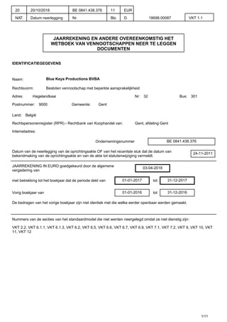 JAARREKENING EN ANDERE OVEREENKOMSTIG HET
WETBOEK VAN VENNOOTSCHAPPEN NEER TE LEGGEN
DOCUMENTEN
IDENTIFICATIEGEGEVENS
Naam: Blue Keys Productions BVBA
Rechtsvorm: Besloten vennootschap met beperkte aansprakelijkheid
Adres: Hagelandkaai Nr: 32 Bus: 301
Postnummer: 9000 Gemeente: Gent
Land: België
Rechtspersonenregister (RPR) - Rechtbank van Koophandel van: Gent, afdeling Gent
Internetadres:
Ondernemingsnummer BE 0841.438.376
Datum van de neerlegging van de oprichtingsakte OF van het recentste stuk dat de datum van
bekendmaking van de oprichtingsakte en van de akte tot statutenwijziging vermeldt.
24-11-2011
JAARREKENING IN EURO goedgekeurd door de algemene
vergadering van
03-04-2018
met betrekking tot het boekjaar dat de periode dekt van 01-01-2017 tot 31-12-2017
Vorig boekjaar van 01-01-2016 tot 31-12-2016
De bedragen van het vorige boekjaar zijn niet identiek met die welke eerder openbaar werden gemaakt.
Nummers van de secties van het standaardmodel die niet werden neergelegd omdat ze niet dienstig zijn:
VKT 2.2, VKT 6.1.1, VKT 6.1.3, VKT 6.2, VKT 6.5, VKT 6.6, VKT 6.7, VKT 6.9, VKT 7.1, VKT 7.2, VKT 9, VKT 10, VKT
11, VKT 12
1/11
20
NAT.
20/10/2018
Datum neerlegging
BE 0841.438.376
Nr.
11
Blz.
EUR
D. 18698.00087 VKT 1.1
 