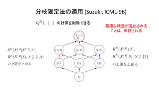 分枝限定法の適用 (Suzuki, ICML-96)
の計算を削除できる
最適な構造が見出される
ことは、保証される
 