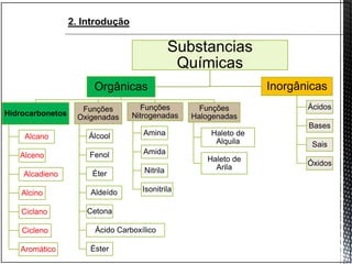 2. Introdução
Substancias
Químicas
Orgânicas
Hidrocarbonetos
Alcano
Alceno
Alcadieno
Alcino
Ciclano
Cicleno
Aromático
Funções
Oxigenadas
Álcool
Fenol
Éter
Aldeído
Cetona
Ácido Carboxílico
Éster
Funções
Nitrogenadas
Amina
Amida
Nitrila
Isonitrila
Funções
Halogenadas
Haleto de
Alquila
Haleto de
Arila
Inorgânicas
Ácidos
Bases
Sais
Óxidos
 