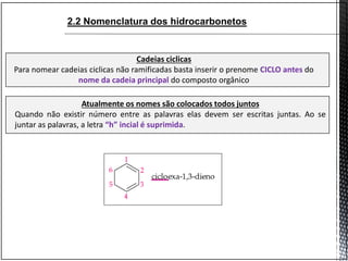 Cadeias ciclicas
Para nomear cadeias ciclicas não ramificadas basta inserir o prenome CICLO antes do
nome da cadeia principal do composto orgânico
Atualmente os nomes são colocados todos juntos
Quando não existir número entre as palavras elas devem ser escritas juntas. Ao se
juntar as palavras, a letra “h” incial é suprimida.
2.2 Nomenclatura dos hidrocarbonetos
 