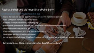 |
Realität bisher und die neue SharePoint-Story
Die Realität sah / sieht meistens anders aus
„Wo ist die Seite wo wir das Speichern müssen“ und wie komme ich da hin?
„Sync funktioniert nicht an meinem Rechner“
„Ich habe keine (ausreichende) Berechtigung“
„Bis die Seite geladen hat, habe ich die Datei schon 5 mal woanders gespeichert“
„Mobil funktioniert das gar nicht gut“
„Ich finde die Information nicht oder nicht schnell genug“
„Neue Ideen werden nur selten umgesetzt“
Nur mit teuren / aufwändigen Workflow-Erweiterungen (K2/Nintex) waren Workflows wirklich managebar
Sehr ernüchternde Bilanz einer „erfolgreichen Geschäftsanwendung“!
11.04.2018 SharePoint is back! 5
 