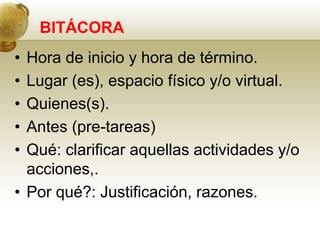 BITÁCORA
• Hora de inicio y hora de término.
• Lugar (es), espacio físico y/o virtual.
• Quienes(s).
• Antes (pre-tareas)
• Qué: clarificar aquellas actividades y/o
acciones,.
• Por qué?: Justificación, razones.
 