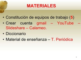 MATERIALES
• Constitución de equipos de trabajo (5)
• Crear cuenta gmail – YouTube –
Slideshare – Calameo.
• Diccionario
• Material de enseñanza – T. Periódica
7
 