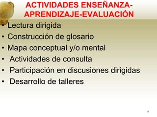 ACTIVIDADES ENSEÑANZA-
APRENDIZAJE-EVALUACIÓN
• Lectura dirigida
• Construcción de glosario
• Mapa conceptual y/o mental
• Actividades de consulta
• Participación en discusiones dirigidas
• Desarrollo de talleres
9
 