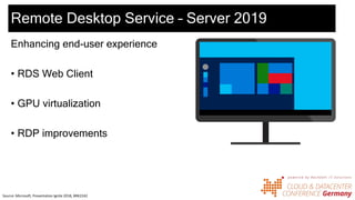 Remote Desktop Service – Server 2019
Enhancing end-user experience
• RDS Web Client
• GPU virtualization
• RDP improvements
Source: Microsoft, Presentation Ignite 2018, BRK2242
 