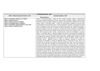 PROGRAMADOR WEB – 200h
MEC II ‐ Módulo Educacional Central II ‐ 40 h Conteúdo Específico ‐ 160 h
Ementa do Curso
Tópico 1. Juventudes e relação com o trabalho
Tópico 2. Projetos de futuro
Tópico 3. Culturas juvenis e tecnologias
Tópico 4. Participação política e cidadania
Tópico 5. Sexualidade, relações de gênero, raça e etnia
Tópico 6. Drogas e redução de danos
Tópico 1. Informática Básica ‐ Editor de texto Criação, formação, edição e impressão de
documentos diversos.Configurações de texto e documentos. Cabeçalho e rodapé. Criação e edição
de tabelas. Inserção de objetos, imagens e hiperlinks. Criação de estilos específicos de texto para
edição. Tópico 2. Informática Básica ‐ Internet & mídias digitais Utilização de recursos web.
Conceituação de armazenamento local e remoto (downloads e uploads). Conceituação de redes
sociais. Utilização de email e ferramentas de conversação em tempo real. Utilização de anexos e
limite de tamanho de arquivos. O conceito de blog e plataformas de criação e hospedagem:
wordpress, blogspot. Fóruns de discussão web. Utilização de comércio eletrônico. Procedimentos
para segurança da informação. Padrões de arquivos mais comuns para utilização online ‐ som,
vídeo, texto. Criação de contas online e armazenamento remoto de informações e arquivos.
Tópico 3. Informática Básica ‐ Aplicativos digitais de serviços e gerenciamento Utilização de
serviços de busca de informação e gerenciamento de dados. Uilização e gerenciamento de dados
em Google Maps, Infogram, Facebook, Trello, Google Drive, Google Agenda. Criação de contas,
segurança de dados, organização da informação em bancos de dados remotos. Tópico 4.
Informática Básica ‐ Digitação Técnicas e prática de digitação. Utilização de software de
incremento de velocidade e correção de digitação Tópico 5. Construção de sites: Html e Css
Fundamentos de arquitetura de sistemas web e desenvolvimento web. Tipos de ferramentas e
recursos. Visão geral das tecnologias de desenvolvimento web: HTML; CSS; XML; JavaScript.
Formatação de estilos com CSS. Noções de conteúdo dinâmico. Processamento de formulários.
Princípios de banco de dados. Tópico 6. Arquitetura da informação e design de interação Conceito
de interação. Relação usuário‐máquina. Estruturação da informação em projetos web. Elaboração
de fluxograma de navegação. Uso de padrões de interface em wordpress e Joomla. Técnicas e
avaliação de projetos em UX. Design centrado no usuário e design participativo. Prototipagem
prévia com wireframes. Design de produto aplicado a projetos web. Tópico 7. Oficina de produção
web Criação de projeto web integral: planejamento, estrutração, implementação, testes interação,
práticas de controle de qualidade, apresentação e discussão do projeto 8) Mundo do Trabalho a)
Competências Básicas b)Carreira c) Elaboração de curriculos d) Imagem e Postura Profissional
 