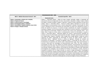 PROGRAMADOR WEB – 200h
MEC II ‐ Módulo Educacional Central II ‐ 40 h Conteúdo Específico ‐ 160 h
Ementa do Curso
Tópico 1. Juventudes e relação com o trabalho
Tópico 2. Projetos de futuro
Tópico 3. Culturas juvenis e tecnologias
Tópico 4. Participação política e cidadania
Tópico 5. Sexualidade, relações de gênero, raça e etnia
Tópico 6. Drogas e redução de danos
Tópico 1. Informática Básica ‐ Editor de texto Criação, formação, edição e impressão de
documentos diversos.Configurações de texto e documentos. Cabeçalho e rodapé. Criação e edição
de tabelas. Inserção de objetos, imagens e hiperlinks. Criação de estilos específicos de texto para
edição. Tópico 2. Informática Básica ‐ Internet & mídias digitais Utilização de recursos web.
Conceituação de armazenamento local e remoto (downloads e uploads). Conceituação de redes
sociais. Utilização de email e ferramentas de conversação em tempo real. Utilização de anexos e
limite de tamanho de arquivos. O conceito de blog e plataformas de criação e hospedagem:
wordpress, blogspot. Fóruns de discussão web. Utilização de comércio eletrônico. Procedimentos
para segurança da informação. Padrões de arquivos mais comuns para utilização online ‐ som,
vídeo, texto. Criação de contas online e armazenamento remoto de informações e arquivos.
Tópico 3. Informática Básica ‐ Aplicativos digitais de serviços e gerenciamento Utilização de
serviços de busca de informação e gerenciamento de dados. Uilização e gerenciamento de dados
em Google Maps, Infogram, Facebook, Trello, Google Drive, Google Agenda. Criação de contas,
segurança de dados, organização da informação em bancos de dados remotos. Tópico 4.
Informática Básica ‐ Digitação Técnicas e prática de digitação. Utilização de software de
incremento de velocidade e correção de digitação Tópico 5. Construção de sites: Html e Css
Fundamentos de arquitetura de sistemas web e desenvolvimento web. Tipos de ferramentas e
recursos. Visão geral das tecnologias de desenvolvimento web: HTML; CSS; XML; JavaScript.
Formatação de estilos com CSS. Noções de conteúdo dinâmico. Processamento de formulários.
Princípios de banco de dados. Tópico 6. Arquitetura da informação e design de interação Conceito
de interação. Relação usuário‐máquina. Estruturação da informação em projetos web. Elaboração
de fluxograma de navegação. Uso de padrões de interface em wordpress e Joomla. Técnicas e
avaliação de projetos em UX. Design centrado no usuário e design participativo. Prototipagem
prévia com wireframes. Design de produto aplicado a projetos web. Tópico 7. Oficina de produção
web Criação de projeto web integral: planejamento, estrutração, implementação, testes interação,
práticas de controle de qualidade, apresentação e discussão do projeto 8) Mundo do Trabalho a)
Competências Básicas b)Carreira c) Elaboração de curriculos d) Imagem e Postura Profissional
 