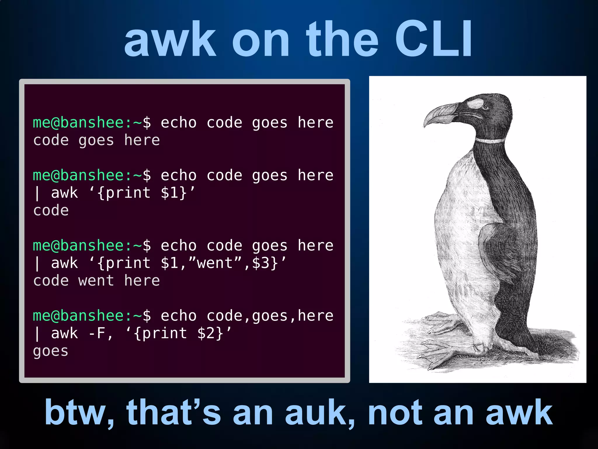 awk on the CLI
btw, that’s an auk, not an awk
me@banshee:~$ echo code goes here
code goes here
me@banshee:~$ echo code goes here
| awk ‘{print $1}’
code
me@banshee:~$ echo code goes here
| awk ‘{print $1,”went”,$3}’
code went here
me@banshee:~$ echo code,goes,here
| awk -F, ‘{print $2}’
goes
 