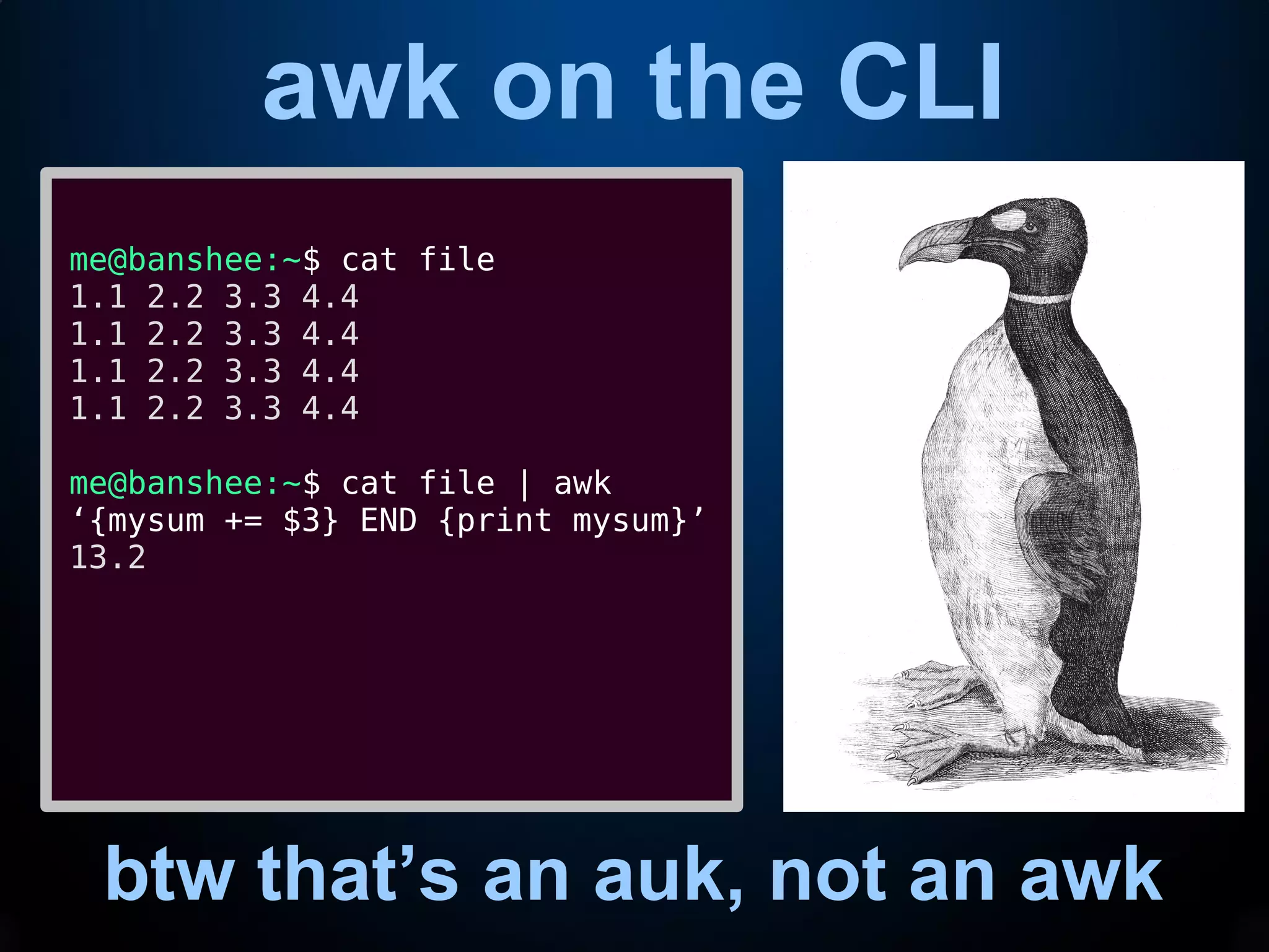 awk on the CLI
btw that’s an auk, not an awk
me@banshee:~$ cat file
1.1 2.2 3.3 4.4
1.1 2.2 3.3 4.4
1.1 2.2 3.3 4.4
1.1 2.2 3.3 4.4
me@banshee:~$ cat file | awk
‘{mysum += $3} END {print mysum}’
13.2
 