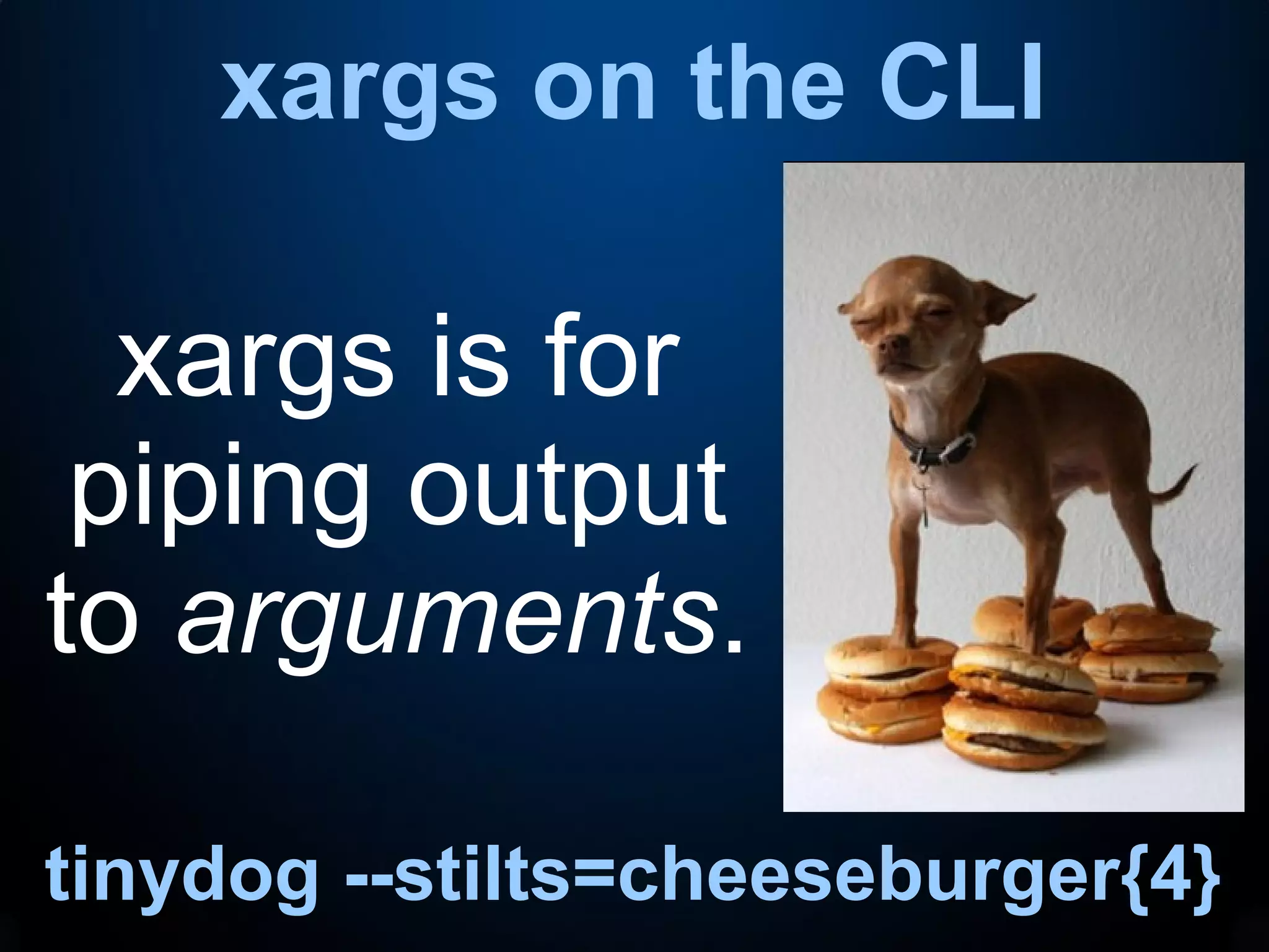 xargs on the CLI
tinydog --stilts=cheeseburger{4}
xargs is for
piping output
to arguments.
 