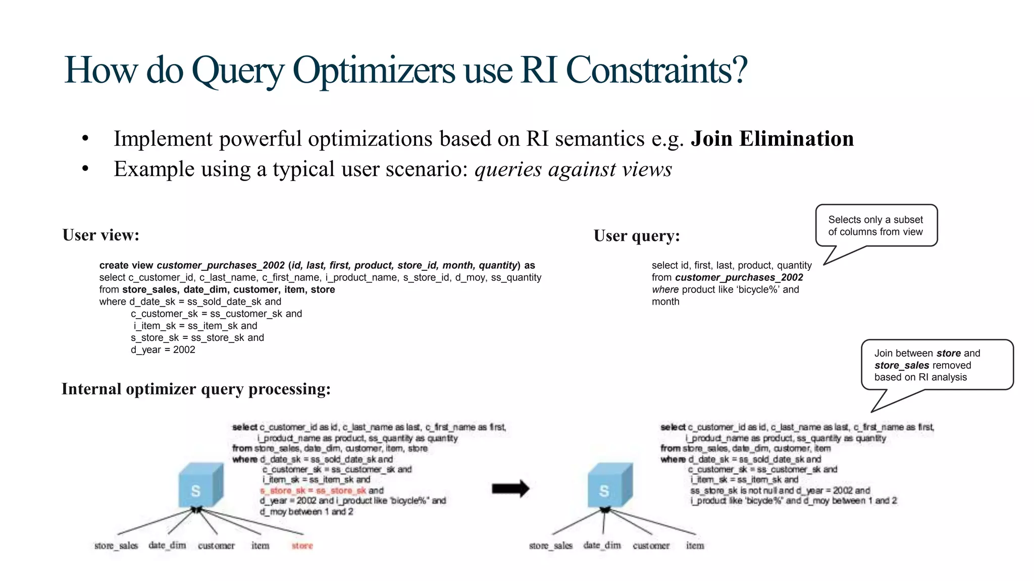 How do Query Optimizers use RI Constraints?
• Implement powerful optimizations based on RI semantics e.g. Join Elimination
• Example using a typical user scenario: queries against views
create view customer_purchases_2002 (id, last, first, product, store_id, month, quantity) as
select c_customer_id, c_last_name, c_first_name, i_product_name, s_store_id, d_moy, ss_quantity
from store_sales, date_dim, customer, item, store
where d_date_sk = ss_sold_date_sk and
c_customer_sk = ss_customer_sk and
i_item_sk = ss_item_sk and
s_store_sk = ss_store_sk and
d_year = 2002
select id, first, last, product, quantity
from customer_purchases_2002
where product like ‘bicycle%’ and
month between 1 and 2
User view: User query:
Internal optimizer query processing:
Selects only a subset
of columns from view
Join between store and
store_sales removed
based on RI analysis
 