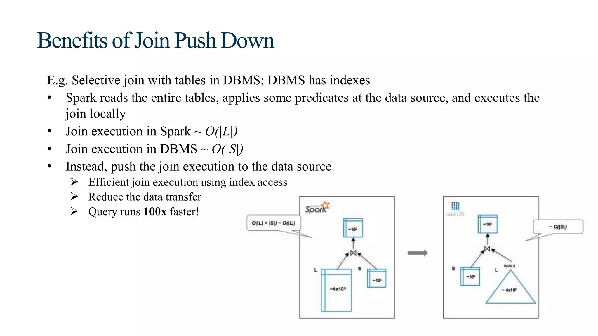 Benefits of Join Push Down
E.g. Selective join with tables in DBMS; DBMS has indexes
• Spark reads the entire tables, applies some predicates at the data source, and executes the
join locally
• Join execution in Spark ~ O(|L|)
• Join execution in DBMS ~ O(|S|)
• Instead, push the join execution to the data source
 Efficient join execution using index access
 Reduce the data transfer
 Query runs 100x faster!
 
