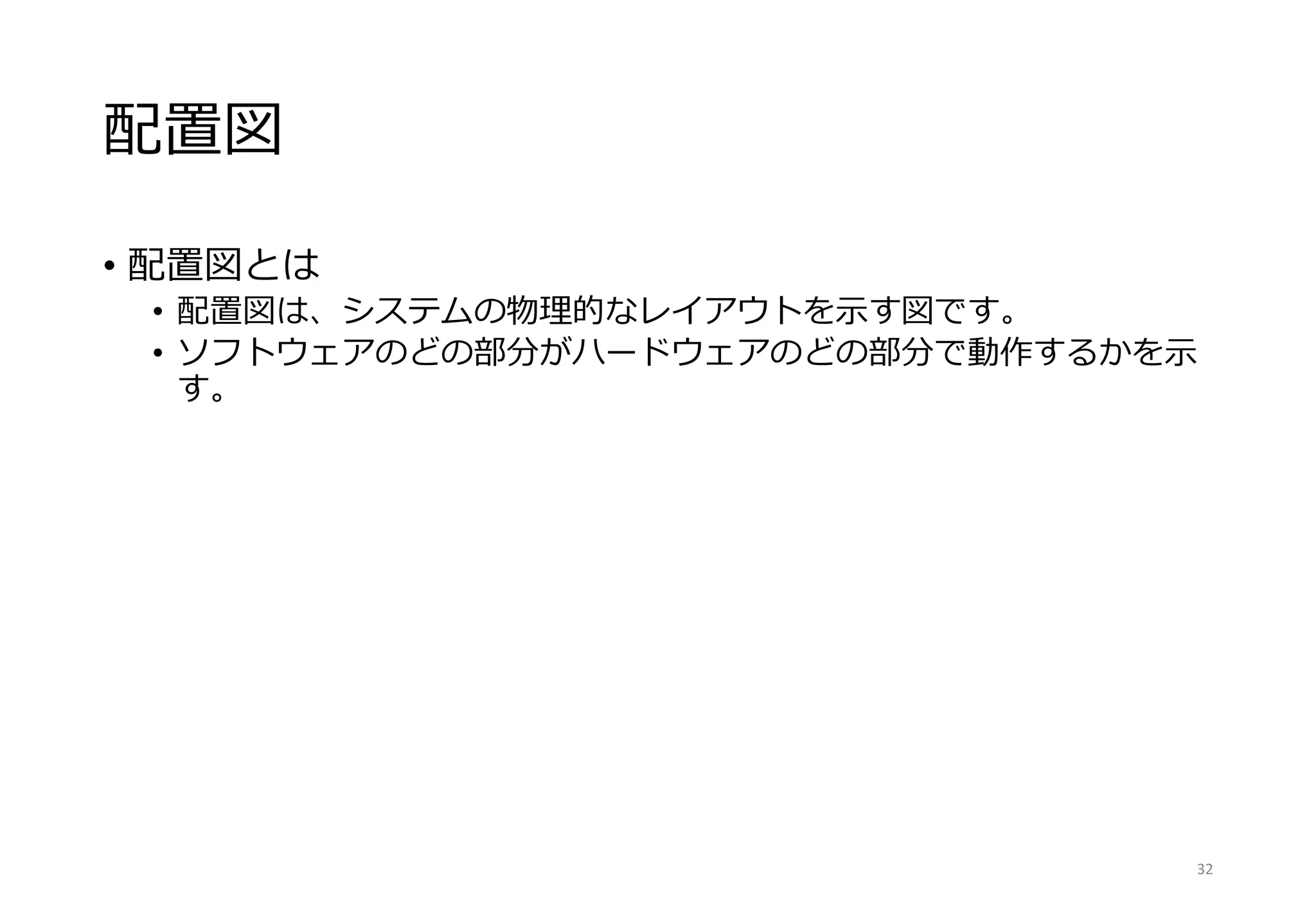 配置図
• 配置図とは
• 配置図は、システムの物理的なレイアウトを示す図です。
• ソフトウェアのどの部分がハードウェアのどの部分で動作するかを示
す。
32
 