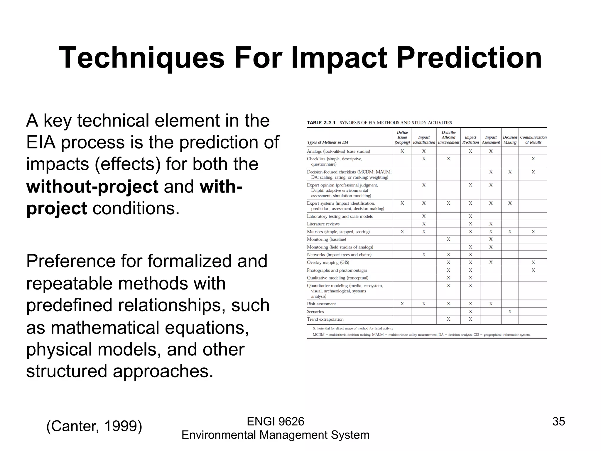 Techniques For Impact Prediction
A key technical element in the
EIA process is the prediction of
impacts (effects) for both the
without-project and with-
project conditions.
Preference for formalized and
repeatable methods with
predefined relationships, such
as mathematical equations,
physical models, and other
structured approaches.
ENGI 9626
Environmental Management System
35(Canter, 1999)
 