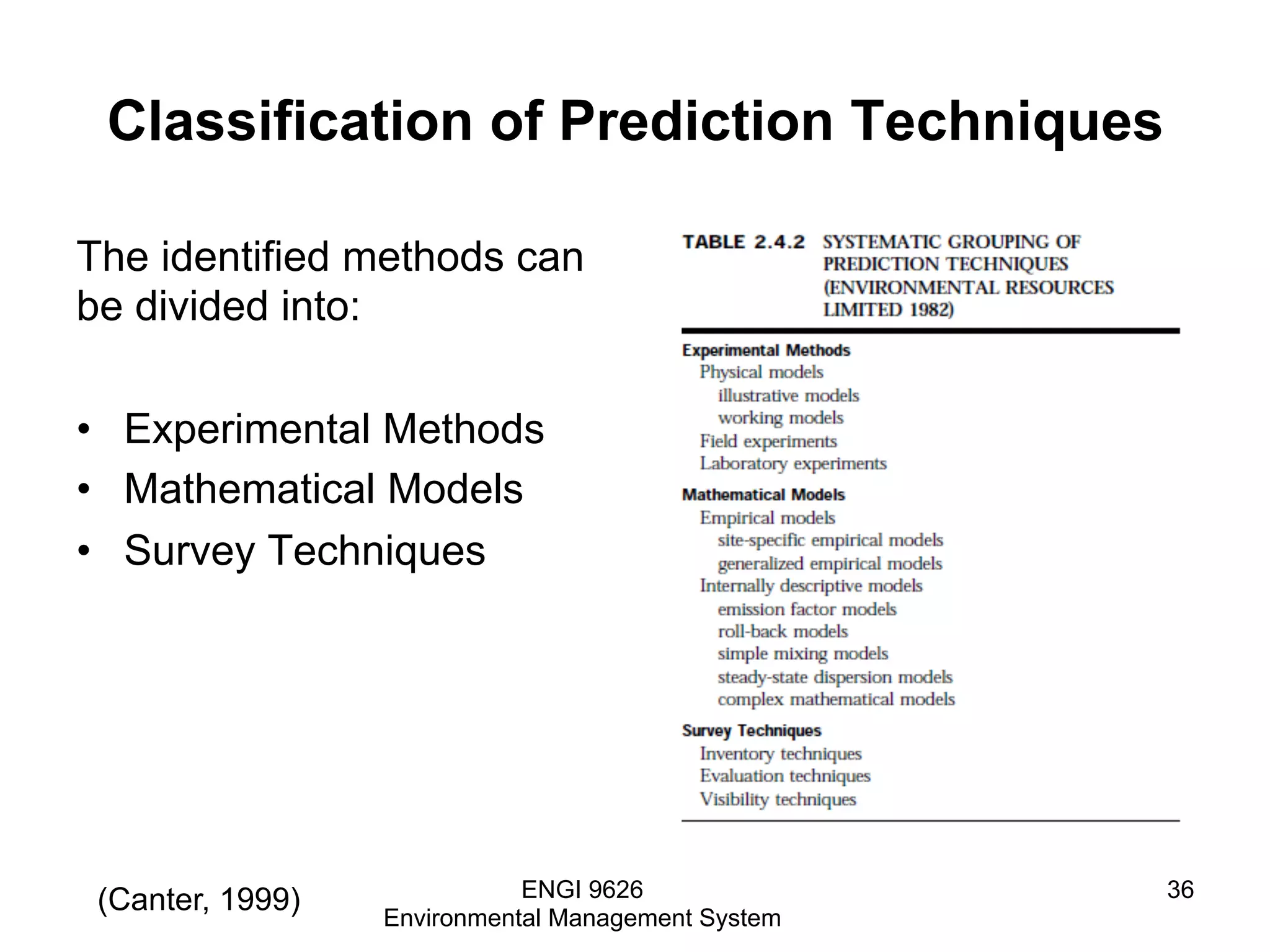 Classification of Prediction Techniques
The identified methods can
be divided into:
•  Experimental Methods
•  Mathematical Models
•  Survey Techniques
ENGI 9626
Environmental Management System
36(Canter, 1999)
 