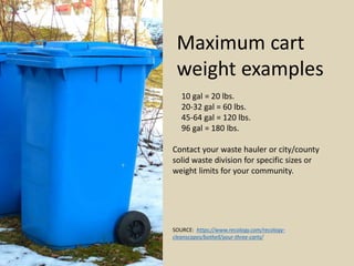 10 gal = 20 lbs.
20-32 gal = 60 lbs.
45-64 gal = 120 lbs.
96 gal = 180 lbs.
Contact your waste hauler or city/county
solid...
