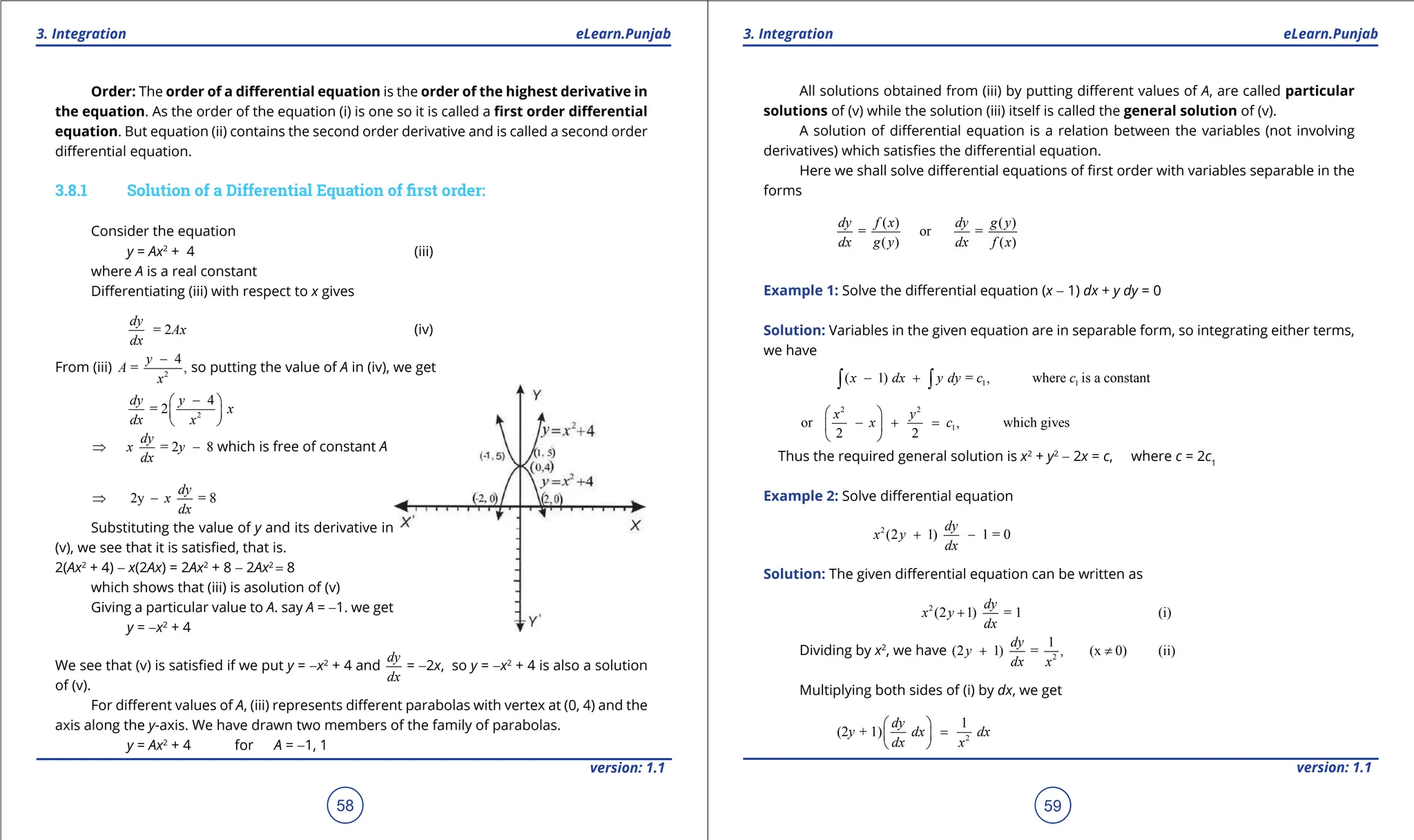 1. Quadratic Equations eLearn.Punjab 1. Quadratic Equations eLearn.Punjab
3. Integration 3. Integration
eLearn.Punjab eLearn.Punjab
58
version: 1.1 version: 1.1
59
Order: The order of a diferential equation is the order of the highest derivative in
the equation. As the order of the equation (i) is one so it is called a irst order diferential
equation. But equation (ii) contains the second order derivative and is called a second order
diferential equation.
3.8.1 Solution of a Differential Equation of irst order:
Consider the equation
y = Ax2
+ 4 (iii)
where A is a real constant
Diferentiating (iii) with respect to x gives
= 2
dy
Ax
dx
(iv)
From (iii) 2
4
= ,
y
A
x
-
so putting the value of A in (iv), we get
2
4
= 2
dy y
x
dx x
-
 
 
 
= 2 8
dy
x y
dx
⇒ - which is free of constant A
2y = 8
dy
x
dx
⇒ -
Substituting the value of y and its derivative in
(v), we see that it is satisied, that is.
2(Ax2
+ 4) - x(2Ax) = 2Ax2
+ 8 - 2Ax2
= 8
which shows that (iii) is asolution of (v)
Giving a particular value to A. say A = -1. we get
y = -x2
+ 4
We see that (v) is satisied if we put y = -x2
+ 4 and
dy
dx
= -2x, so y = -x2
+ 4 is also a solution
of (v).
For diferent values of A, (iii) represents diferent parabolas with vertex at (0, 4) and the
axis along the y-axis. We have drawn two members of the family of parabolas.
y = Ax2
+ 4 for A = -1, 1
All solutions obtained from (iii) by putting diferent values of A, are called particular
solutions of (v) while the solution (iii) itself is called the general solution of (v).
A solution of diferential equation is a relation between the variables (not involving
derivatives) which satisies the diferential equation.
Here we shall solve diferential equations of irst order with variables separable in the
forms
( ) ( )
= or =
( ) ( )
dy f x dy g y
dx g y dx f x
Example 1: Solve the diferential equation (x - 1) dx + y dy = 0
Solution: Variables in the given equation are in separable form, so integrating either terms,
we have
1 1
( 1) = , where is a constant
x dx y dy c c
- +
∫ ∫
2 2
1
or , which gives
2 2
x y
x c
 
- + =
 
 
Thus the required general solution is x2
+ y2
- 2x = c, where c = 2c1
Example 2: Solve diferential equation
2
(2 1) 1 = 0
dy
x y
dx
+ -
Solution: The given diferential equation can be written as
2
(2 1) = 1 (i)
dy
x y
dx
+
Dividing by x2
, we have 2
1
(2 1) = , (x 0) (ii)
dy
y
dx x
+ ≠
Multiplying both sides of (i) by dx, we get
2
1
(2 + 1)
dy
y dx dx
dx x
 
=
 
 
 