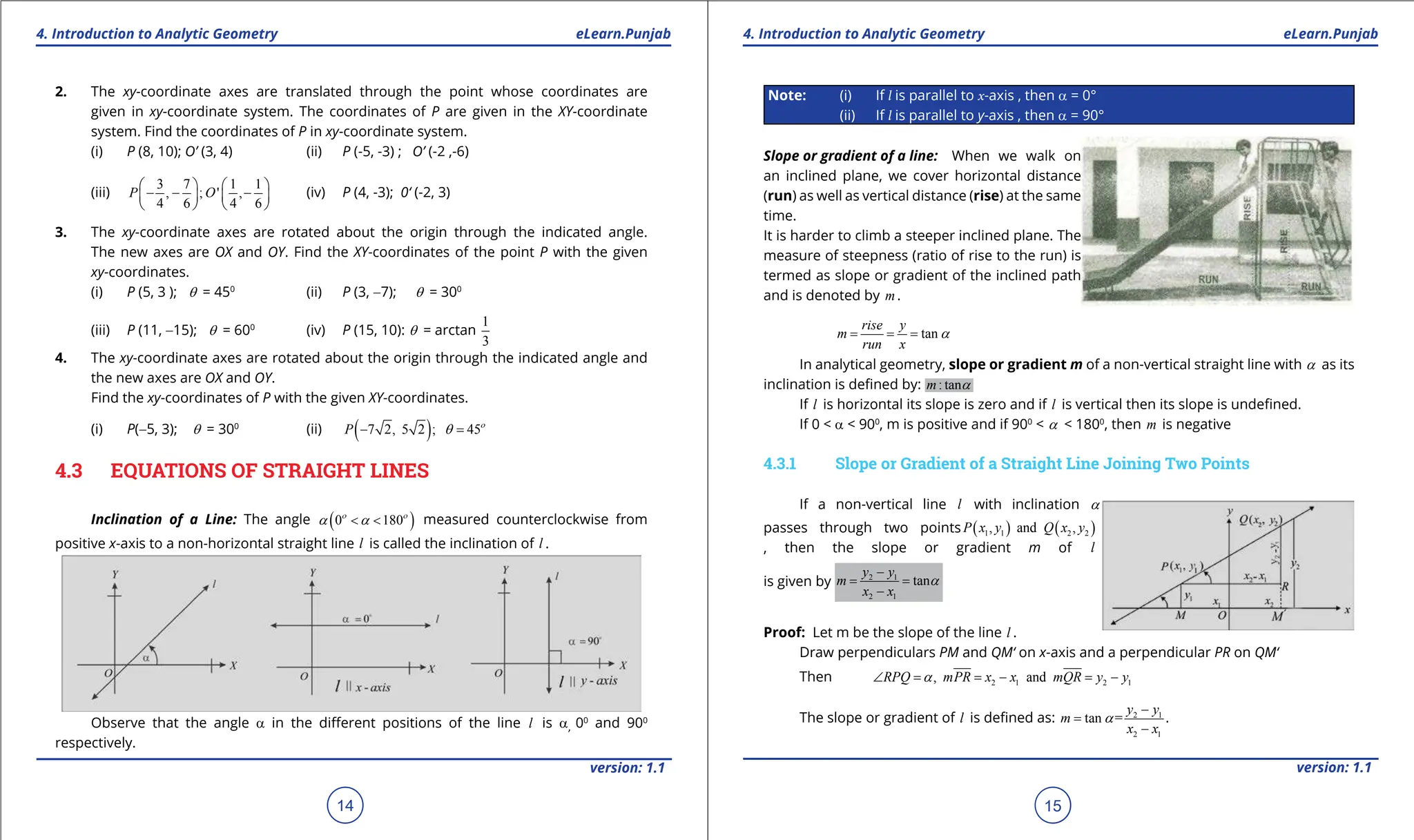 1. Quadratic Equations eLearn.Punjab 1. Quadratic Equations eLearn.Punjab
4. Introduction to Analytic Geometry 4. Introduction to Analytic Geometry
eLearn.Punjab eLearn.Punjab
14
version: 1.1 version: 1.1
15
2. The xy-coordinate axes are translated through the point whose coordinates are
given in xy-coordinate system. The coordinates of P are given in the XY-coordinate
system. Find the coordinates of P in xy-coordinate system.
(i) P (8, 10); O’ (3, 4) (ii) P (-5, -3) ; O’ (-2 ,-6)
(iii)
3 7 1 1
, ; ' ,
4 6 4 6
P O
   
- - -
   
   
(iv) P (4, -3); 0‘ (-2, 3)
3. The xy-coordinate axes are rotated about the origin through the indicated angle.
The new axes are OX and OY. Find the XY-coordinates of the point P with the given
xy-coordinates.
(i) P (5, 3 ); q = 450
(ii) P (3, -7); q = 300
(iii) P (11, -15); q = 600
(iv) P (15, 10): q = arctan
1
3
4. The xy-coordinate axes are rotated about the origin through the indicated angle and
the new axes are OX and OY.
Find the xy-coordinates of P with the given XY-coordinates.
(i) P(-5, 3); q = 300
(ii) ( )
7 2, 5 2 ; 45
P ο
q
- =
4.3 EQUATIONS OF STRAIGHT LINES
Inclination of a Line: The angle ( )
0 180
ο ο
a a
< < measured counterclockwise from
positive x-axis to a non-horizontal straight line l is called the inclination of l .
Observe that the angle a in the diferent positions of the line l is a, 00
and 900
respectively.
Note: (i) If l is parallel to x-axis , then a = 0°
(ii) If l is parallel to y-axis , then a = 90°
Slope or gradient of a line: When we walk on
an inclined plane, we cover horizontal distance
(run) as well as vertical distance (rise) at the same
time.
It is harder to climb a steeper inclined plane. The
measure of steepness (ratio of rise to the run) is
termed as slope or gradient of the inclined path
and is denoted by m.
tan
rise y
m
run x
a
= = =
In analytical geometry, slope or gradient m of a non-vertical straight line with a as its
inclination is deined by: : tan
m a
If l is horizontal its slope is zero and if l is vertical then its slope is undeined.
If 0 < a < 900
, m is positive and if 900
< a < 1800
, then m is negative
4.3.1 Slope or Gradient of a Straight Line Joining Two Points
If a non-vertical line l with inclination a
passes through two points ( ) ( )
1 1 2 2
, and ,
P x y Q x y
, then the slope or gradient m of l
is given by 2 1
2 1
tan
y y
m
x x
a
-
= =
-
Proof: Let m be the slope of the line l .
Draw perpendiculars PM and QM‘ on x-axis and a perpendicular PR on QM‘
Then 2 1 2 1
, and
RPQ mPR x x mQR y y
a
∠ = = - = -
The slope or gradient of l is deined as: 2 1
2 1
tan =
y y
m
x x
a
-
=
-
.
 