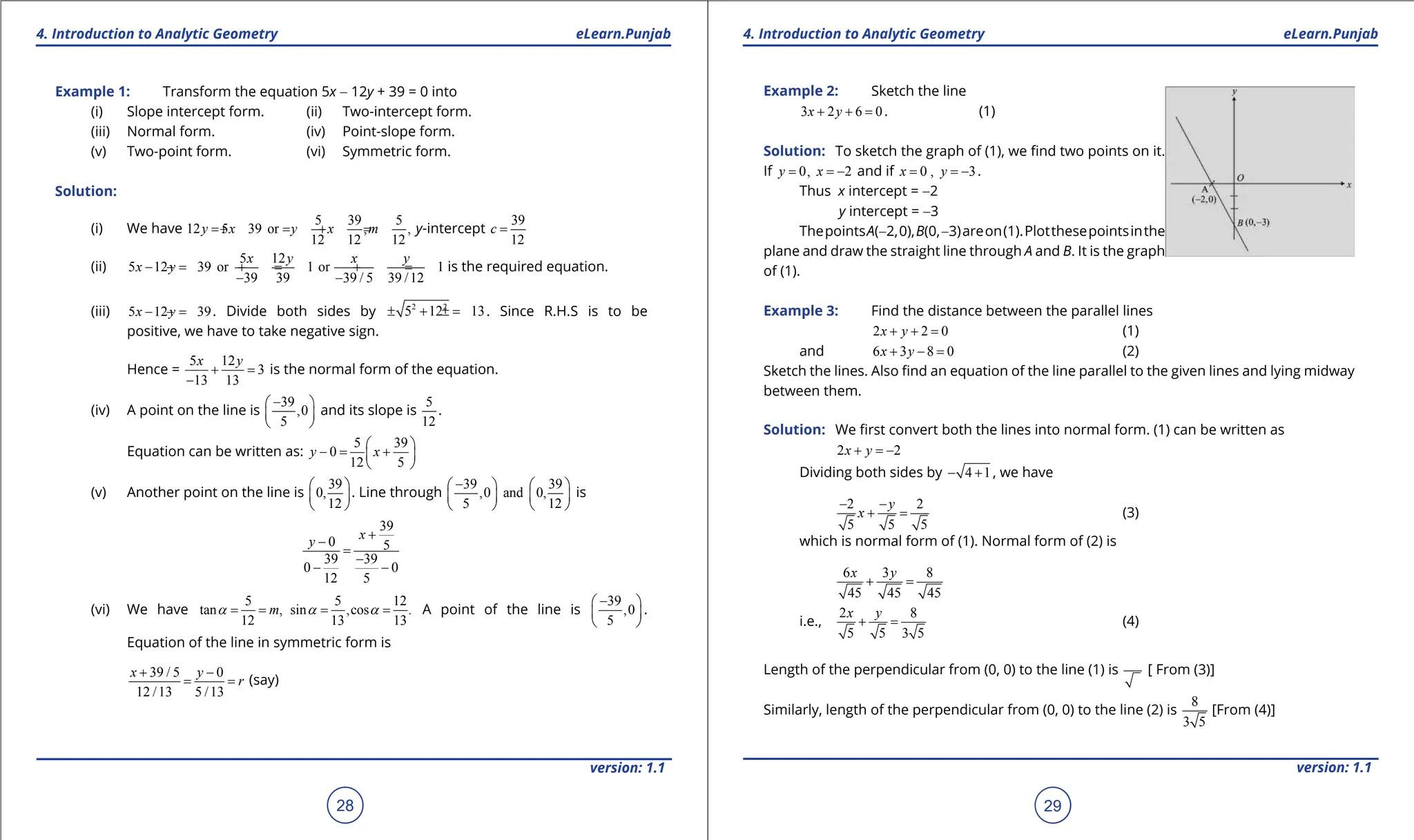 1. Quadratic Equations eLearn.Punjab 1. Quadratic Equations eLearn.Punjab
4. Introduction to Analytic Geometry 4. Introduction to Analytic Geometry
eLearn.Punjab eLearn.Punjab
28
version: 1.1 version: 1.1
29
Example 1: Transform the equation 5x - 12y + 39 = 0 into
(i) Slope intercept form. (ii) Two-intercept form.
(iii) Normal form. (iv) Point-slope form.
(v) Two-point form. (vi) Symmetric form.
Solution:
(i) We have
5 39 5
12 5 39 or , ,
12 12 12
y x y x m
=
+ = + = y-intercept
39
12
c =
(ii)
5 12
5 12 39 or 1 or 1
39 39 39 / 5 39 /12
x y x y
x y
- =
- + = + =
- -
is the required equation.
(iii) 5 12 39
x y
- =
- . Divide both sides by 2 2
5 12 13
± + =
± . Since R.H.S is to be
positive, we have to take negative sign.
Hence =
5 12
3
13 13
x y
+ =
-
is the normal form of the equation.
(iv) A point on the line is
39
,0
5
-
 
 
 
and its slope is
5
12
.
Equation can be written as:
5 39
0
12 5
y x
 
-
= +
 
 
(v) Another point on the line is
39
0,
12
 
 
 
. Line through
39 39
,0 and 0,
5 12
-
   
   
   
is
39
0 5
39 39
0 0
12 5
x
y
+
-
=
-
- -
(vi) We have
5 5 12
tan , sin ,cos .
12 13 13
m
a a a
= = = = A point of the line is
39
,0
5
-
 
 
 
.
Equation of the line in symmetric form is
39 / 5 0
12 /13 5 /13
x y
r
+ -
= = (say)
Example 2: Sketch the line
3 2 6 0
x y
+ + =. (1)
Solution: To sketch the graph of (1), we ind two points on it.
If 0, 2
y x
= = - and if 0 , 3
x y
= = - .
Thus x intercept = -2
y intercept = -3
ThepointsA(-2,0),B(0,-3)areon(1).Plotthesepointsinthe
plane and draw the straight line through A and B. It is the graph
of (1).
Example 3: Find the distance between the parallel lines
2 2 0
x y
+ + = (1)
and 6 3 8 0
x y
+ - = (2)
Sketch the lines. Also ind an equation of the line parallel to the given lines and lying midway
between them.
Solution: We irst convert both the lines into normal form. (1) can be written as
2 2
x y
+ =
-
Dividing both sides by 4 1
- + , we have
2 2
5 5 5
y
x
- -
+ = (3)
which is normal form of (1). Normal form of (2) is
6 3 8
45 45 45
x y
+ =
i.e.,
2 8
5 5 3 5
x y
+ = (4)
Length of the perpendicular from (0, 0) to the line (1) is [ From (3)]
Similarly, length of the perpendicular from (0, 0) to the line (2) is
8
3 5
[From (4)]
 