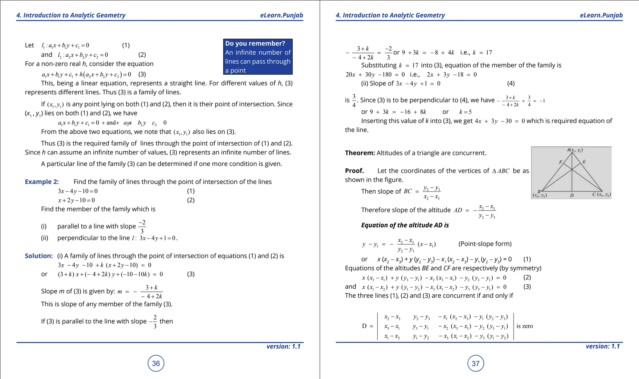 1. Quadratic Equations eLearn.Punjab 1. Quadratic Equations eLearn.Punjab
4. Introduction to Analytic Geometry 4. Introduction to Analytic Geometry
eLearn.Punjab eLearn.Punjab
36
version: 1.1 version: 1.1
37
Let 1 1 1 1
: 0
l a x b y c
+ + = (1)
and 2 2 2 2
: 0
l a x b y c
+ + = (2)
For a non-zero real h, consider the equation
( )
1 1 1 2 2 2 0
a x b y c h a x b y c
+ + + + + = (3)
This, being a linear equation, represents a straight line. For diferent values of h, (3)
represents diferent lines. Thus (3) is a family of lines.
If 1 1
( , )
x y is any point lying on both (1) and (2), then it is their point of intersection. Since
(x1
, y1
) lies on both (1) and (2), we have
1 1 1 2 2 2
0 and 0
a x b y c a x b y c
+ +
= + +
=
From the above two equations, we note that 1 1
( , )
x y also lies on (3).
Thus (3) is the required family of lines through the point of intersection of (1) and (2).
Since h can assume an ininite number of values, (3) represents an ininite number of lines.
A particular line of the family (3) can be determined if one more condition is given.
Example 2: Find the family of lines through the point of intersection of the lines
3 4 10 0
x y
- - = (1)
2 10 0
x y
+ - = (2)
Find the member of the family which is
(i) parallel to a line with slope
2
3
-
(ii) perpendicular to the line : 3 4 1 0
l x y
- + =.
Solution: (i) A family of lines through the point of intersection of equations (1) and (2) is
3 4 10 ( 2 10) 0
x y k x y
- - + + - =
or (3 ) ( 4 2 ) ( 10 10 ) 0
k x k y k
+ + - + + - - = (3)
Slope m of (3) is given by:
3
4 2
k
m
k
+
= -
- +
This is slope of any member of the family (3).
If (3) is parallel to the line with slope
2
3
- then
3 2
4 2 3
k
k
+ -
- =
- +
or 9 3 8 4
k k
+ = - + i.e., 17
k =
Substituting 17
k = into (3), equation of the member of the family is
20 30 180 0
x y
+ - =
i.e., 2 3 18 0
x y
+ - =
(ii) Slope of 3 4 1 0
x y
- + = (4)
is
3
4
. Since (3) is to be perpendicular to (4), we have 3 3
1
4 2 4
k
k
+
- × =
-
- +
or 9 3 16 8
k k
+ =- + or 5
k =
Inserting this value of k into (3), we get 4 3 30 0
x y
+ - =
which is required equation of
the line.
Theorem: Altitudes of a triangle are concurrent.
Proof. Let the coordinates of the vertices of ABC
∆ be as
shown in the igure.
Then slope of 2 3
2 3
y y
BC
x x
-
=
-
Therefore slope of the altitude 2 3
2 3
x x
AD
y y
-
= -
-
Equation of the altitude AD is
2 3
1 1
2 3
( )
x x
y y x x
y y
-
- =- -
-
(Point-slope form)
or x (x2
- x3
) + y (y2
- y3
) - x1
(x2
- x3
) - y1
(y2
- y3
) = 0 (1)
Equations of the altitudes BE and CF are respectively (by symmetry)
3 1 3 1 2 3 1 2 3 1
( ) ( ) ( ) ( ) 0
x x x y y y x x x y y y
- + - - - - - = (2)
and 1 2 1 2 3 1 2 3 3 1
( ) ( ) ( ) ( ) 0
x x x y y y x x x y y y
- + - - - - - = (3)
The three lines (1), (2) and (3) are concurrent if and only if
2 3 2 3 1 2 3 1 2 3
3 1 3 1 2 3 1 2 3 1
1 2 1 2 3 1 2 3 1 2
( ) ( )
D ( ) ( ) is zero
( ) ( )
x x y y x x x y y y
x x y y x x x y y y
x x y y x x x y y y
- - - - - -
= - - - - - -
- - - - - -
Do you remember?
An ininite number of
lines can pass through
a point
 