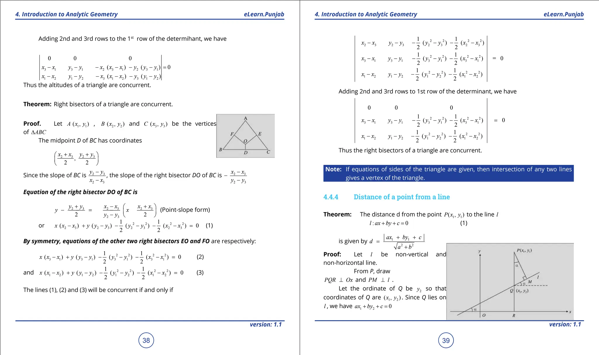 1. Quadratic Equations eLearn.Punjab 1. Quadratic Equations eLearn.Punjab
4. Introduction to Analytic Geometry 4. Introduction to Analytic Geometry
eLearn.Punjab eLearn.Punjab
38
version: 1.1 version: 1.1
39
Adding 2nd and 3rd rows to the 1st
row of the determihant, we have
3 1 3 1 2 3 1 2 3 1
1 2 1 2 3 1 2 3 1 2
0 0 0
( ) ( ) 0
( ) ( )
x x y y x x x y y y
x x y y x x x y y y
- - - - - - =
- - - - - -
Thus the altitudes of a triangle are concurrent.
Theorem: Right bisectors of a triangle are concurrent.
Proof. Let 1 1
( , )
A x y , 2 2
( , )
B x y and 3 3
( , )
C x y be the vertices
of ABC
∆
The midpoint D of BC has coordinates
2 3 2 3
,
2 2
x x y y
+ +
 
 
 
Since the slope of BC is 2 3
2 3
y y
x x
-
-
, the slope of the right bisector DO of BC is 2 3
2 3
x x
y y
-
-
-
Equation of the right bisector DO of BC is
2 3 2 3 2 3
2 3
2 2
y y x x x x
y x
y y
+ - +
 
- =
- -  
-  
(Point-slope form)
or 2 2 2 2
2 3 2 3 2 3 2 3
1 1
( ) ( ) ( ) ( ) 0
2 2
x x x y y y y y x x
- + - - - - - = (1)
By symmetry, equations of the other two right bisectors EO and FO are respectively:
2 2 2 2
3 1 3 1 3 1 3 1
1 1
( ) ( ) ( ) ( ) 0
2 2
x x x y y y y y x x
- + - - - - - = (2)
and 2 2 2 2
1 2 1 2 1 2 1 2
1 1
( ) ( ) ( ) ( ) 0
2 2
x x x y y y y y x x
- + - - - - - = (3)
The lines (1), (2) and (3) will be concurrent if and only if
2 2 2 2
2 3 2 3 2 3 2 3
2 2 2 2
3 1 3 1 3 1 3 1
2 2 2 2
1 2 1 2 1 2 1 2
1 1
( ) ( )
2 2
1 1
( ) ( ) = 0
2 2
1 1
( ) ( )
2 2
x x y y y y x x
x x y y y y x x
x x y y y y x x
- - - - - -
- - - - - -
- - - - - -
Adding 2nd and 3rd rows to 1st row of the determinant, we have
2 2 2 2
3 1 3 1 3 1 3 1
2 2 2 2
1 2 1 2 1 2 1 2
0 0 0
1 1
( ) ( ) 0
2 2
1 1
( ) ( )
2 2
x x y y y y x x
x x y y y y x x
- - - - - - =
- - - - - -
Thus the right bisectors of a triangle are concurrent.
Note: If equations of sides of the triangle are given, then intersection of any two lines
gives a vertex of the triangle.
4.4.4 Distance of a point from a line
Theorem: The distance d from the point 1 1
( , )
P x y to the line l
: 0
l ax by c
+ + = (1)
is given by 1 1
2 2
ax by c
d
a b
+ +
=
+
Proof: Let l be non-vertical and
non-horizontal line.
From P, draw
PQR Ox
⊥ and PM l
⊥ .
Let the ordinate of Q be 2
y so that
coordinates of Q are 1 2
( , )
x y . Since Q lies on
l , we have 1 2 0
ax by c
+ + =
 
