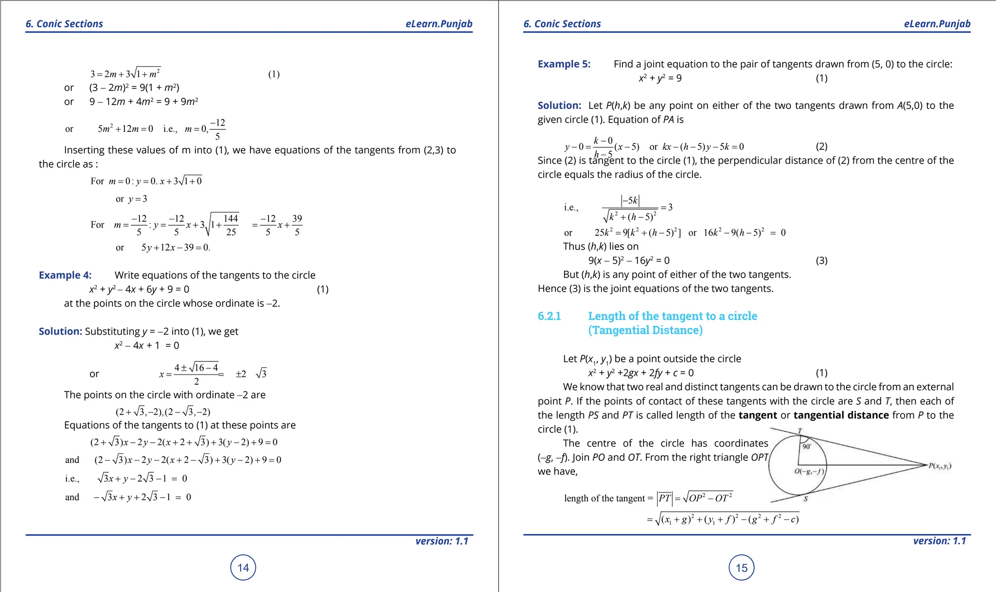 1. Quadratic Equations eLearn.Punjab 1. Quadratic Equations eLearn.Punjab
6. Conic Sections 6. Conic Sections
eLearn.Punjab eLearn.Punjab
14
version: 1.1 version: 1.1
15
2
3 2 3 1 (1)
m m
= + +
or (3 - 2m)2
= 9(1 + m2
)
or 9 - 12m + 4m2
= 9 + 9m2
2 12
or 5 12 0 i.e., 0,
5
m m m
-
+
= =
Inserting these values of m into (1), we have equations of the tangents from (2,3) to
the circle as :
For 0: 0. 3 1 0
m y x
= = + +
or 3
y =
12 12 144 12 39
For : 3 1
5 5 25 5 5
m y x x
- - -
= = + + = +
or 5 12 39 0.
y x
+ - =
Example 4: Write equations of the tangents to the circle
x2
+ y2
- 4x + 6y + 9 = 0 (1)
at the points on the circle whose ordinate is -2.
Solution: Substituting y = -2 into (1), we get
x2
- 4x + 1 = 0
or
4 16 4
2 3
2
x
± -
= = ±
The points on the circle with ordinate -2 are
(2 3, 2),(2 3, 2)
+ - - -
Equations of the tangents to (1) at these points are
(2 3) 2 2( 2 3) 3( 2) 9 0
x y x y
+ - - + + + - + =
and (2 3) 2 2( 2 3) 3( 2) 9 0
x y x y
- - - + - + - + =
i.e., 3 2 3 1 0
x y
+ - - =
and 3 2 3 1 0
x y
- + + - =
Example 5: Find a joint equation to the pair of tangents drawn from (5, 0) to the circle:
x2
+ y2
= 9 (1)
Solution: Let P(h,k) be any point on either of the two tangents drawn from A(5,0) to the
given circle (1). Equation of PA is
0
0 ( 5) or ( 5) 5 0
5
k
y x kx h y k
h
-
-
= - - - -
=
-
(2)
Since (2) is tangent to the circle (1), the perpendicular distance of (2) from the centre of the
circle equals the radius of the circle.
2 2
5
i.e., 3
( 5)
k
k h
-
=
+ -
2 2 2 2 2
or 25 9[ ( 5) ] or 16 9( 5) 0
k k h k h
= + - - - =
Thus (h,k) lies on
9(x - 5)2
- 16y2
= 0 (3)
But (h,k) is any point of either of the two tangents.
Hence (3) is the joint equations of the two tangents.
6.2.1 Length of the tangent to a circle
(Tangential Distance)
Let P(x1
, y1
) be a point outside the circle
x2
+ y2
+2gx + 2fy + c = 0 (1)
We know that two real and distinct tangents can be drawn to the circle from an external
point P. If the points of contact of these tangents with the circle are S and T, then each of
the length PS and PT is called length of the tangent or tangential distance from P to the
circle (1).
The centre of the circle has coordinates
(-g, -f). Join PO and OT. From the right triangle OPT
we have,
2 2
length of the tangent = PT OP OT
= -
2 2 2 2
1 1
( ) ( ) ( )
x g y f g f c
= + + + - + -
 