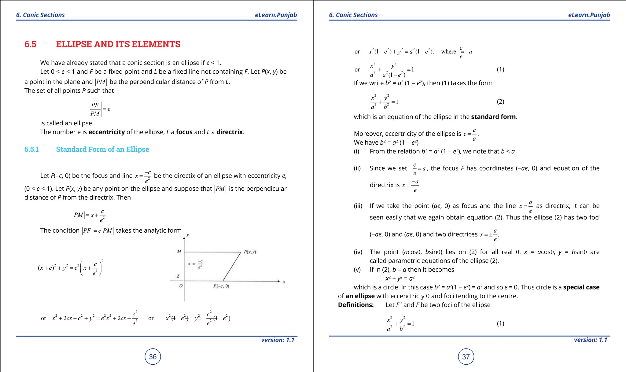 1. Quadratic Equations eLearn.Punjab 1. Quadratic Equations eLearn.Punjab
6. Conic Sections 6. Conic Sections
eLearn.Punjab eLearn.Punjab
36
version: 1.1 version: 1.1
37
6.5 ELLIPSE AND ITS ELEMENTS
We have already stated that a conic section is an ellipse if e < 1.
Let 0 < e < 1 and F be a ixed point and L be a ixed line not containing F. Let P(x, y) be
a point in the plane and PM be the perpendicular distance of P from L.
The set of all points P such that
PF
e
PM
=
is called an ellipse.
The number e is eccentricity of the ellipse, F a focus and L a directrix.
6.5.1 Standard Form of an Ellipse
Let F(-c, 0) be the focus and line 2
c
x
e
-
= be the directix of an ellipse with eccentricity e,
(0 < e < 1). Let P(x, y) be any point on the ellipse and suppose that PM is the perpendicular
distance of P from the directrix. Then
2
c
PM x
e
= +
The condition PF e PM
= takes the analytic form
2
2 2 2
2
( )
c
x c y e x
e
 
+ + = +
 
 
2 2
2 2 2 2 2 2 2 2 2
2 2
or 2 2 or (1 ) (1 )
c c
x cx c y e x cx x e y e
e e
+ + + = + + - + = -
2 2 2 2 2
or (1 ) (1 ). where
c
x e y a e a
e
- + = - =
2 2
2 2 2
or 1
(1 )
x y
a a e
+ =
-
(1)
If we write b2
= a2
(1 - e2
), then (1) takes the form
2 2
2 2
1
x y
a b
+ = (2)
which is an equation of the ellipse in the standard form.
Moreover, eccertricity of the ellipse is
c
e
a
= .
We have b2
= a2
(1 - e2
)
(i) From the relation b2
= a2
(1 - e2
), we note that b < a
(ii) Since we set
c
a
e
= , the focus F has coordinates (-ae, 0) and equation of the
directrix is .
a
x
e
-
=
(iii) If we take the point (ae, 0) as focus and the line
a
x
e
= as directrix, it can be
seen easily that we again obtain equation (2). Thus the ellipse (2) has two foci
(-ae, 0) and (ae, 0) and two directrices .
a
x
e
= ±
(iv) The point (acosq, bsinq) lies on (2) for all real q. x = acosq, y = bsinq are
called parametric equations of the ellipse (2).
(v) If in (2), b = a then it becomes
x2
+ y2
= a2
which is a circle. In this case b2
= a2
(1 - e2
) = a2
and so e = 0. Thus circle is a special case
of an ellipse with eccenctricty 0 and foci tending to the centre.
Deinitions: Let F ’ and F be two foci of the ellipse
2 2
2 2
1
x y
a b
+ = (1)
 