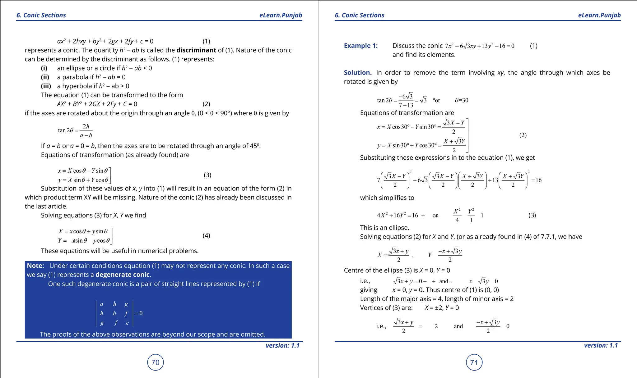 1. Quadratic Equations eLearn.Punjab 1. Quadratic Equations eLearn.Punjab
6. Conic Sections 6. Conic Sections
eLearn.Punjab eLearn.Punjab
70
version: 1.1 version: 1.1
71
ax2
+ 2hxy + by2
+ 2gx + 2fy + c = 0 (1)
represents a conic. The quantity h2
- ab is called the discriminant of (1). Nature of the conic
can be determined by the discriminant as follows. (1) represents:
(i) an ellipse or a circle if h2
- ab < 0
(ii) a parabola if h2
- ab = 0
(iii) a hyperbola if h2
- ab > 0
The equation (1) can be transformed to the form
AX2
+ BY2
+ 2GX + 2Fy + C = 0 (2)
if the axes are rotated about the origin through an angle q, (0 < q < 90°) where q is given by
2
tan2
h
a b
q =
-
If a = b or a = 0 = b, then the axes are to be rotated through an angle of 450
.
Equations of transformation (as already found) are
cos sin
sin cos
x X Y
y X Y
q q
q q
= - 

= + 
(3)
Substitution of these values of x, y into (1) will result in an equation of the form (2) in
which product term XY will be missing. Nature of the conic (2) has already been discussed in
the last article.
Solving equations (3) for X, Y we ind
cos sin
sin cos
X x y
Y x y
q q
q q
= + 

=
- + 
(4)
These equations will be useful in numerical problems.
Note: Under certain conditions equation (1) may not represent any conic. In such a case
we say (1) represents a degenerate conic.
One such degenerate conic is a pair of straight lines represented by (1) if
0.
a h g
h b f
g f c
=
The proofs of the above observations are beyond our scope and are omitted.
Example 1: Discuss the conic 2 2
7 6 3 13 16 0
x xy y
- + - = (1)
and ind its elements.
Solution. In order to remove the term involving xy, the angle through which axes be
rotated is given by
6 3
tan2 3 or =30
7 13
q q
-
= = °
-
Equations of transformation are
3
cos30 sin30
2 (2)
3
sin30 cos30
2
X Y
x X Y
X Y
y X Y

-
= ° - °
= 


+
= ° + °
= 

Substituting these expressions in to the equation (1), we get
2 2
3 3 3 3
7 6 3 13 16
2 2 2 2
X Y X Y X Y X Y
      
- - + +
- + =
      
      
which simpliies to
2 2
2 2
4 16 16 or 1
4 1
X Y
X Y
+
= +
= (3)
This is an ellipse.
Solving equations (2) for X and Y, (or as already found in (4) of 7.7.1, we have
3 3
,
2 2
x y x y
X Y
+ - +
=
=
Centre of the ellipse (3) is X = 0, Y = 0
i.e., 3 0 and 3 0
x y x y
+
= - +
=
giving x = 0, y = 0. Thus centre of (1) is (0, 0)
Length of the major axis = 4, length of minor axis = 2
Vertices of (3) are: X = ±2, Y = 0
i.e.,
3 3
2 and 0
2 2
x y x y
+ - +
= ± =
 