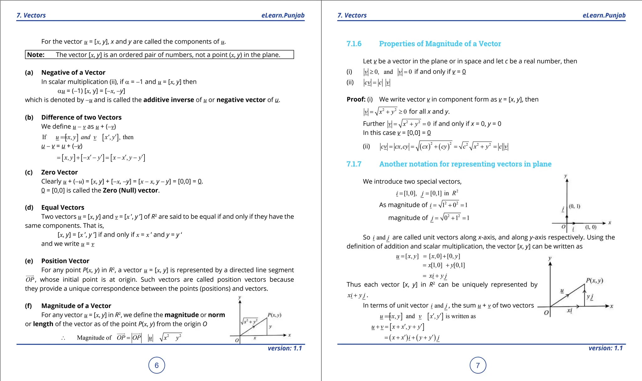 1. Quadratic Equations eLearn.Punjab 1. Quadratic Equations eLearn.Punjab
7. Vectors 7. Vectors
eLearn.Punjab eLearn.Punjab
6
version: 1.1 version: 1.1
7
For the vector u = [x, y], x and y are called the components of u.
Note: The vector [x, y] is an ordered pair of numbers, not a point (x, y) in the plane.
(a) Negative of a Vector
In scalar multiplication (ii), if a = -1 and u = [x, y] then
au = (-1) [x, y] = [-x, -y]
which is denoted by -u and is called the additive inverse of u or negative vector of u.
(b) Diference of two Vectors
We deine u - v as u + (-v)
[ ] [ ]
If , , , then
u x y and v x' y′
=
=
u - v = u + (-v)
[ ] [ ] [ ]
, ,
x y x y x x y y
′ ′ ′ ′
= + - - = - -
(c) Zero Vector
Clearly u + (-u) = [x, y] + [-x, -y] = [x - x, y - y] = [0,0] = 0.
0 = [0,0] is called the Zero (Null) vector.
(d) Equal Vectors
Two vectors u = [x, y] and v = [x ’, y ’] of R2
are said to be equal if and only if they have the
same components. That is,
[x, y] = [x ’, y ’] if and only if x = x ’ and y = y ‘
and we write u = v
(e) Position Vector
For any point P(x, y) in R2
, a vector u = [x, y] is represented by a directed line segment
OP


, whose initial point is at origin. Such vectors are called position vectors because
they provide a unique correspondence between the points (positions) and vectors.
(f) Magnitude of a Vector
For any vector u = [x, y] in R2
, we deine the magnitude or norm
or length of the vector as of the point P(x, y) from the origin O
2 2
Magnitude of OP OP u x y
∴ = = = +

 

7.1.6 Properties of Magnitude of a Vector
Let v be a vector in the plane or in space and let c be a real number, then
(i) 0, and 0
v v
≥ =
if and only if v = 0
(ii) cv c v
=
Proof: (i) We write vector v in component form as v = [x, y], then
2 2
0
v x y
= + ≥ for all x and y.
Further 2 2
0
v x y
= + = if and only if x = 0, y = 0
In this case v = [0,0] = 0
(ii) ( ) ( )
2 2 2 2 2
,
cv cx cy cx cy c x y c v
= = + = + =
7.1.7 Another notation for representing vectors in plane
We introduce two special vectors,
2
[1,0], [0,1] in
i j R
= =
As magnitude of 2 2
1 0 1
i = + =
magnitude of 2 2
0 1 1
j= + =
So and
i j are called unit vectors along x-axis, and along y-axis respectively. Using the
deinition of addition and scalar multiplication, the vector [x, y] can be written as
[ , ] [ ,0] [0, ]
u x y x y
= = +
[1,0] [0,1]
x y
= +
xi y j
= +
Thus each vector [x, y] in R2
can be uniquely represented by
xi y j
+ .
In terms of unit vector and
i j , the sum u + v of two vectors
[ ] [ ]
, and , is written as
u x y v x y
′ ′
=
=
[ ]
,
u v x x y y
′ ′
+ = + +
( ) ( )
x x i y y j
′ ′
= + + +
 