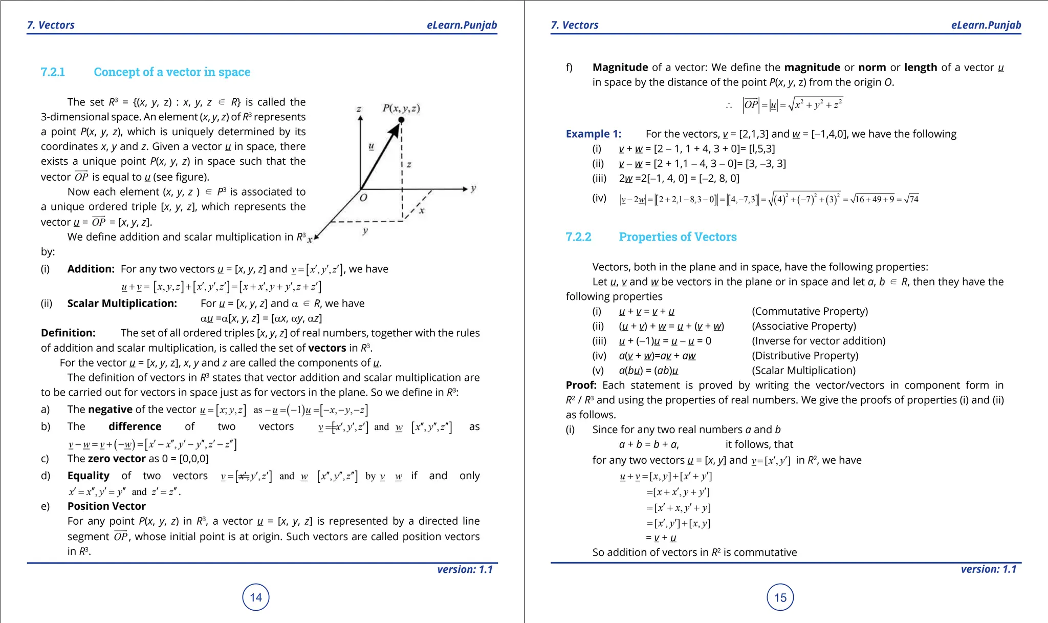 1. Quadratic Equations eLearn.Punjab 1. Quadratic Equations eLearn.Punjab
7. Vectors 7. Vectors
eLearn.Punjab eLearn.Punjab
14
version: 1.1 version: 1.1
15
7.2.1 Concept of a vector in space
The set R3
= {(x, y, z) : x, y, z d R} is called the
3-dimensional space. An element (x, y, z) of R3
represents
a point P(x, y, z), which is uniquely determined by its
coordinates x, y and z. Given a vector u in space, there
exists a unique point P(x, y, z) in space such that the
vector OP


is equal to u (see igure).
Now each element (x, y, z ) d P3
is associated to
a unique ordered triple [x, y, z], which represents the
vector u = OP


= [x, y, z].
We deine addition and scalar multiplication in R3
by:
(i) Addition: For any two vectors u = [x, y, z] and [ ]
, ,
v x y z
′ ′ ′
= , we have
[ ] [ ] [ ]
, , , , , ,
u v x y z x y z x x y y z z
′ ′ ′ ′ ′ ′
+ = + = + + +
(ii) Scalar Multiplication: For u = [x, y, z] and a d R, we have
au =a[x, y, z] = [ax, ay, az]
Deinition: The set of all ordered triples [x, y, z] of real numbers, together with the rules
of addition and scalar multiplication, is called the set of vectors in R3
.
For the vector u = [x, y, z], x, y and z are called the components of u.
The deinition of vectors in R3
states that vector addition and scalar multiplication are
to be carried out for vectors in space just as for vectors in the plane. So we deine in R3
:
a) The negative of the vector [ ] ( ) [ ]
; , as 1 , ,
u x y z u u x y z
= - =- =- - -
b) The diference of two vectors [ ] [ ]
, , and , ,
v x y z w x y z
′ ′ ′ ′′ ′′ ′′
=
= as
( ) [ ]
, ,
v w v w x x y y z z
′ ′′ ′ ′′ ′ ′′
- = + - = - - -
c) The zero vector as 0 = [0,0,0]
d) Equality of two vectors [ ] [ ]
, , and , , by
v x y z w x y z v w
′ ′ ′ ′′ ′′ ′′
=
=
= if and only
, and
x x y y z z
′ ′′ ′ ′′ ′ ′′
= = = .
e) Position Vector
For any point P(x, y, z) in R3
, a vector u = [x, y, z] is represented by a directed line
segment OP


, whose initial point is at origin. Such vectors are called position vectors
in R3
.
f) Magnitude of a vector: We deine the magnitude or norm or length of a vector u
in space by the distance of the point P(x, y, z) from the origin O.
2 2 2
OP u x y z
∴ = = + +


Example 1: For the vectors, v = [2,1,3] and w = [-1,4,0], we have the following
(i) v + w = [2 - 1, 1 + 4, 3 + 0]= [l,5,3]
(ii) v - w = [2 + 1,1 - 4, 3 - 0]= [3, -3, 3]
(iii) 2w =2[-1, 4, 0] = [-2, 8, 0]
(iv) [ ] [ ] ( ) ( ) ( )
2 2 2
2 2 2,1 8,3 0 4, 7,3 4 7 3 16 49 9 74
v w
- = + - - = - = + - + = + + =
7.2.2 Properties of Vectors
Vectors, both in the plane and in space, have the following properties:
Let u, v and w be vectors in the plane or in space and let a, b d R, then they have the
following properties
(i) u + v = v + u (Commutative Property)
(ii) (u + v) + w = u + (v + w) (Associative Property)
(iii) u + (-1)u = u - u = 0 (Inverse for vector addition)
(iv) a(v + w)=av + aw (Distributive Property)
(v) a(bu) = (ab)u (Scalar Multiplication)
Proof: Each statement is proved by writing the vector/vectors in component form in
R2
/ R3
and using the properties of real numbers. We give the proofs of properties (i) and (ii)
as follows.
(i) Since for any two real numbers a and b
a + b = b + a, it follows, that
for any two vectors u = [x, y] and [ , ]
v x y
′ ′
= in R2
, we have
[ , ] [ ]
u v x y x y
′ ′
+= + +
[ , ]
x x y y
′ ′
= + +
[ , ]
x x y y
′ ′
= + +
[ , ] [ , ]
x y x y
′ ′
= +
= v + u
So addition of vectors in R2
is commutative
 