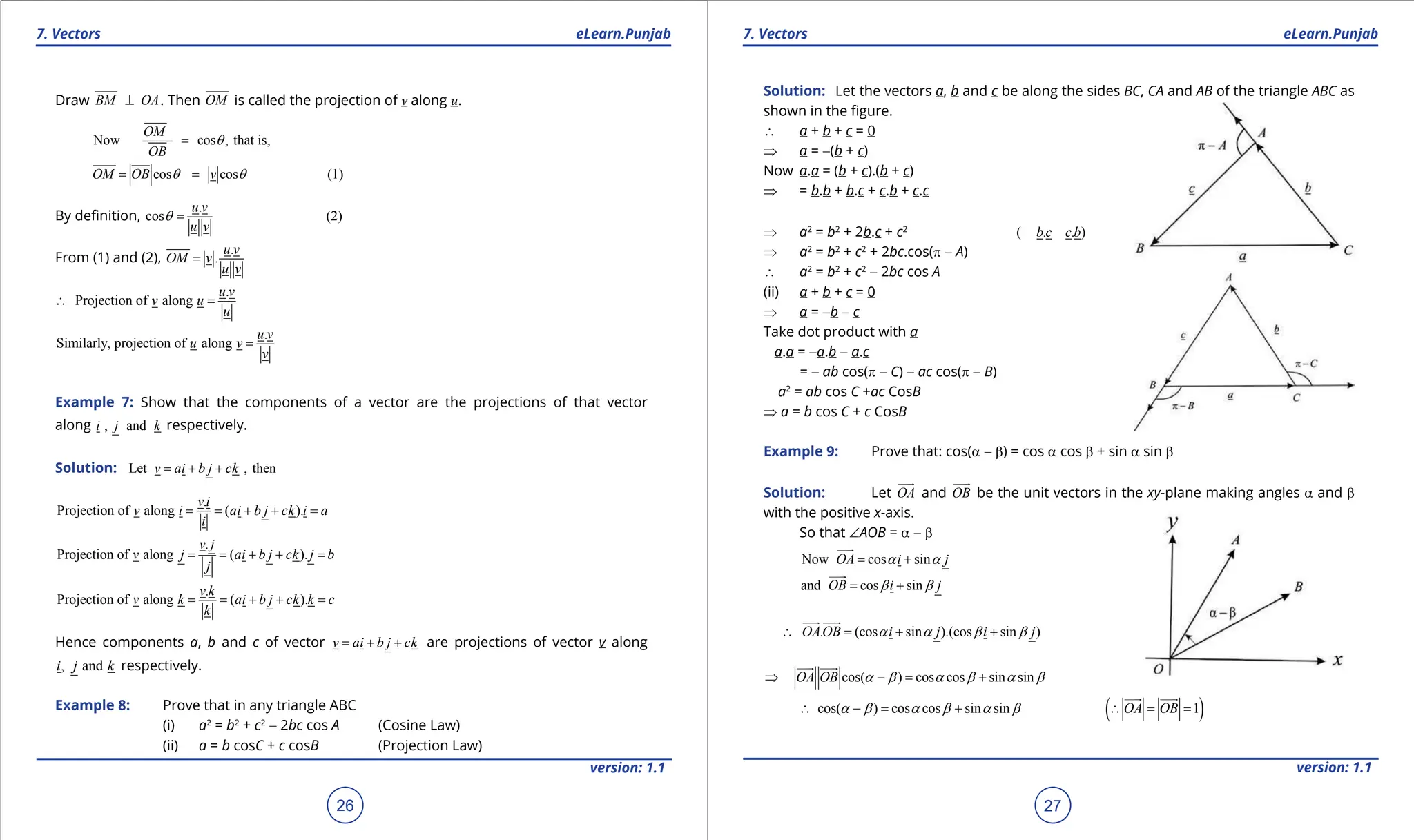 1. Quadratic Equations eLearn.Punjab 1. Quadratic Equations eLearn.Punjab
7. Vectors 7. Vectors
eLearn.Punjab eLearn.Punjab
26
version: 1.1 version: 1.1
27
Draw BM OA
⊥ . Then OM is called the projection of v along u.
Now cos , that is,
OM
OB
q
=
cos cos (1)
OM OB v
q q
= =
By deinition,
.
cos (2)
u v
u v
q =
From (1) and (2),
.
.
u v
OM v
u v
=
.
Projection of along
u v
v u
u
∴ =
.
Similarly, projection of along
u v
u v
v
=
Example 7: Show that the components of a vector are the projections of that vector
along , and
i j k respectively.
Solution: Let , then
v ai b j ck
= + +
.
Projection of along ( ).
v i
v i ai b j ck i a
i
= = + + =
.
Projection of along ( ).
v j
v j ai b j ck j b
j
= = + + =
.
Projection of along ( ).
v k
v k ai b j ck k c
k
= = + + =
Hence components a, b and c of vector v ai b j ck
= + + are projections of vector v along
, and
i j k respectively.
Example 8: Prove that in any triangle ABC
(i) a2
= b2
+ c2
- 2bc cos A (Cosine Law)
(ii) a = b cosC + c cosB (Projection Law)
Solution: Let the vectors a, b and c be along the sides BC, CA and AB of the triangle ABC as
shown in the igure.
∴ a + b + c = 0
⇒ a = -(b + c)
Now a.a = (b + c).(b + c)
⇒ = b.b + b.c + c.b + c.c
⇒ a2
= b2
+ 2b.c + c2
( . . )
b c c b
⇒ a2
= b2
+ c2
+ 2bc.cos(p - A)
∴ a2
= b2
+ c2
- 2bc cos A
(ii) a + b + c = 0
⇒ a = -b - c
Take dot product with a
a.a = -a.b - a.c
= - ab cos(p - C) - ac cos(p - B)
a2
= ab cos C +ac CosB
⇒ a = b cos C + c CosB
Example 9: Prove that: cos(a - b) = cos a cos b + sin a sin b
Solution: Let OA


and OB


be the unit vectors in the xy-plane making angles a and b
with the positive x-axis.
So that ∠AOB = a - b
Now cos sin
OA i j
a a
= +


and cos sin
OB i j
b b
= +


. (cos sin ).(cos sin )
OAOB i j i j
a a b b
∴ = + +

 

cos( ) cos cos sin sin
OA OB a b a b a b
⇒ -
= +

 

cos( ) cos cos sin sin
a b a b a b
∴ -
= + ( )
1
OA OB
∴ = =

 

 
