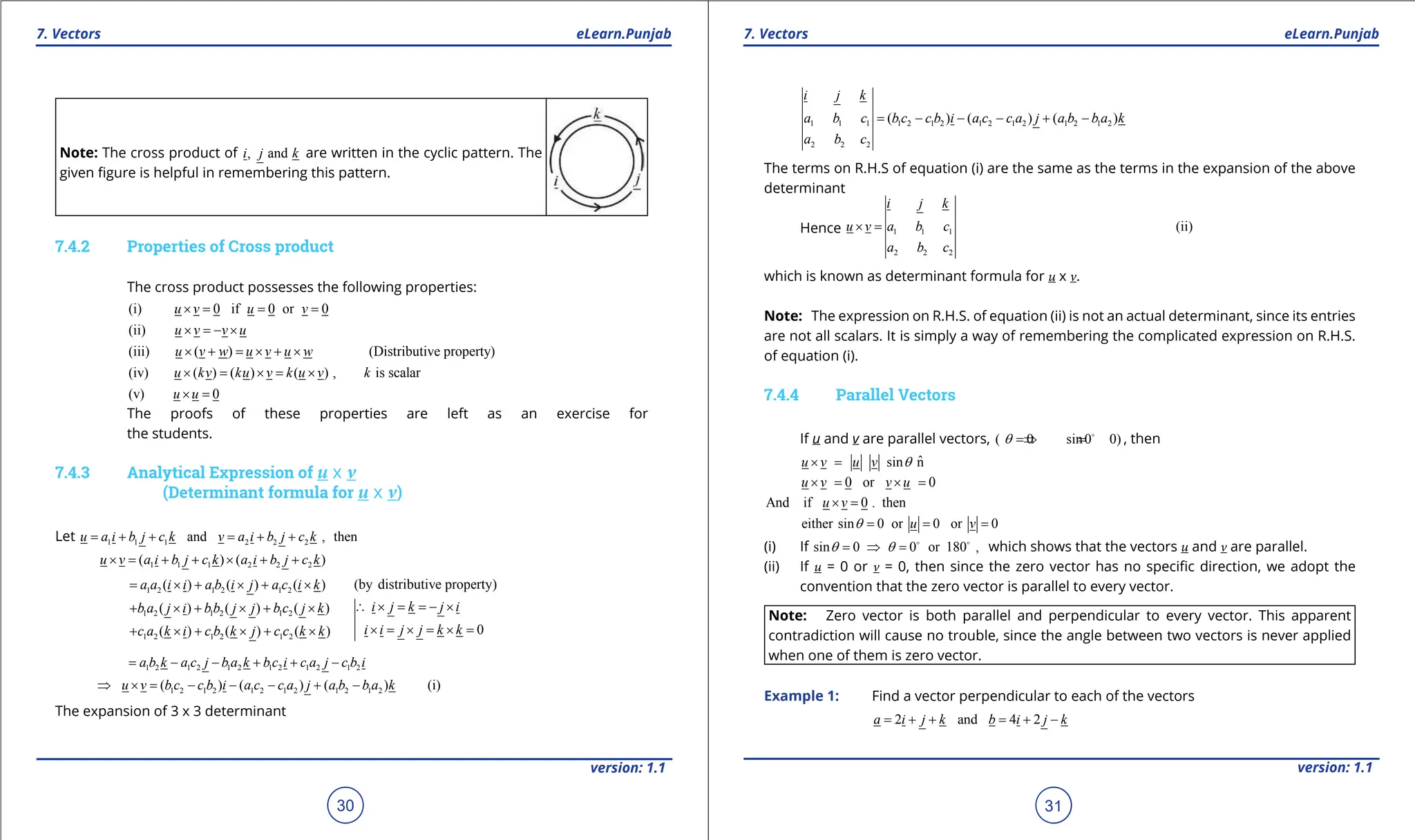 1. Quadratic Equations eLearn.Punjab 1. Quadratic Equations eLearn.Punjab
7. Vectors 7. Vectors
eLearn.Punjab eLearn.Punjab
30
version: 1.1 version: 1.1
31
Note: The cross product of , and
i j k are written in the cyclic pattern. The
given igure is helpful in remembering this pattern.
7.4.2 Properties of Cross product
The cross product possesses the following properties:
(i) 0 if 0 or 0
u v u v
×
= = =
(ii) u v v u
× =- ×
(iii) ( ) (Distributive property)
u v w u v u w
× + = × + ×
(iv) ( ) ( ) ( ) , is scalar
u kv ku v k u v k
× = × = ×
(v) 0
u u
× =
The proofs of these properties are left as an exercise for
the students.
7.4.3 Analytical Expression of u x v
(Determinant formula for u x v)
Let 1 1 1 2 2 2
and , then
u a i b j c k v a i b j c k
= + + = + +
1 1 1 2 2 2
( ) ( )
u v a i b j c k a i b j c k
× = + + × + +
1 2 1 2 1 2
1 2 1 2 1 2
1 2 1 2 1 2
( ) ( ) ( )
( ) ( ) ( )
( ) ( ) ( )
a a i i a b i j a c i k
b a j i bb j j b c j k
c a k i c b k j c c k k
= × + × + ×
+ × + × + ×
+ × + × + ×
(by distributive property)
0
i j k j i
i i j j k k
∴ × = =
- ×
× = × = × =
1 2 1 2 1 2 1 2 1 2 1 2
a b k a c j b a k b c i c a j c b i
= - - + + -
1 2 1 2 1 2 1 2 1 2 1 2
( ) ( ) ( ) (i)
u v b c c b i a c c a j a b b a k
⇒ ×= - - - + -
The expansion of 3 x 3 determinant
1 1 1 1 2 1 2 1 2 1 2 1 2 1 2
2 2 2
( ) ( ) ( )
i j k
a b c b c c b i a c c a j a b b a k
a b c
= - - - + -
The terms on R.H.S of equation (i) are the same as the terms in the expansion of the above
determinant
Hence 1 1 1
2 2 2
(ii)
i j k
u v a b c
a b c
× =
which is known as determinant formula for u x v.
Note: The expression on R.H.S. of equation (ii) is not an actual determinant, since its entries
are not all scalars. It is simply a way of remembering the complicated expression on R.H.S.
of equation (i).
7.4.4 Parallel Vectors
If u and v are parallel vectors, ( 0 sin0 0)
q =
⇒ =

, then
ˆ
sin n
u v u v q
× =
0 or 0
u v v u
×
= ×
=
And if 0 . then
u v
× =
either sin 0 or 0 or 0
u v
q
= = =
(i) If sin 0 0 or 180 ,
q q
= ⇒ =  
which shows that the vectors u and v are parallel.
(ii) If u = 0 or v = 0, then since the zero vector has no speciic direction, we adopt the
convention that the zero vector is parallel to every vector.
Note: Zero vector is both parallel and perpendicular to every vector. This apparent
contradiction will cause no trouble, since the angle between two vectors is never applied
when one of them is zero vector.
Example 1: Find a vector perpendicular to each of the vectors
2 and 4 2
a i j k b i j k
= + + = + -
 