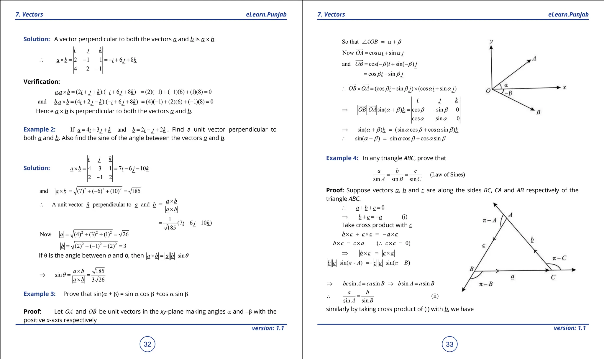 1. Quadratic Equations eLearn.Punjab 1. Quadratic Equations eLearn.Punjab
7. Vectors 7. Vectors
eLearn.Punjab eLearn.Punjab
32
version: 1.1 version: 1.1
33
Solution: A vector perpendicular to both the vectors a and b is a x b
2 1 1 6 8
4 2 1
i j k
a b i j k
∴ × = - =- + +
-
Veriication:
. (2 ).( 6 8 ) (2)( 1) ( 1)(6) (1)(8) 0
a a b i j k i j k
× = + + - + + = - + - + =
and . (4 2 ).( 6 8 ) (4)( 1) (2)(6) ( 1)(8) 0
b a b i j k i j k
× = + - - + + = - + + - =
Hence a x b is perpendicular to both the vectors a and b.
Example 2: If 4 3 and 2 2 .
a i j k b i j k
= + + = - + . Find a unit vector perpendicular to
both a and b. Also ind the sine of the angle between the vectors a and b.
Solution: 4 3 1 7 6 10
2 1 2
i j k
a b i j k
× = = - -
-
2 2 2
and (7) ( 6) (10) 185
a b
×
= + - + =
ˆ
A unit vector perpendicular to and =
a b
n a b
a b
×
∴
×
1
(7 6 10 )
185
i j k
= - -
2 2 2
Now (4) (3) (1) 26
a = + + =
2 2 2
(2) ( 1) (2) 3
b
= + - + =
If q is the angle between a and b, then sin
a b a b q
× =
185
sin
3 26
a b
a b
q
×
⇒ = =
×
Example 3: Prove that sin(a + b) = sin a cos b +cos a sin b
Proof: Let OA


and OB


be unit vectors in the xy-plane making angles a and -b with the
positive x-axis respectively
So that AOB a b
∠ = +
Now cos sin
OA i j
a a
= +


and cos( ) sin( )
OB i j
b b
= - + -


cos sin
i j
b b
= -
(cos sin ) (cos sin )
OB OA i j i j
b b a a
∴ × = - × +

 

sin( ) cos sin 0
cos sin 0
i j k
OB OA k
a b b b
a a
⇒ + = -

 

sin( ) (sin cos cos sin )
k k
a b a b a b
⇒ += +
sin( ) sin cos cos sin
a b a b a b
∴ +
= +
Example 4: In any triangle ABC, prove that
(Law of Sines)
sin sin sin
a b c
A B C
= =
Proof: Suppose vectors a, b and c are along the sides BC, CA and AB respectively of the
triangle ABC.
0
a b c
∴ + + =
(i)
b c a
⇒ + =
-
Take cross product with c
b c c c a c
× + × = - ×
( 0)
b c c a c c
× = × ∴ × =
b c c a
⇒ × = ×
sin( - ) sin( )
b c A c a B
p p
= -
sin sin sin sin
bc A ca B b A a B
⇒ = ⇒ =
(ii)
sin sin
a b
A B
∴ =
similarly by taking cross product of (i) with b, we have
 