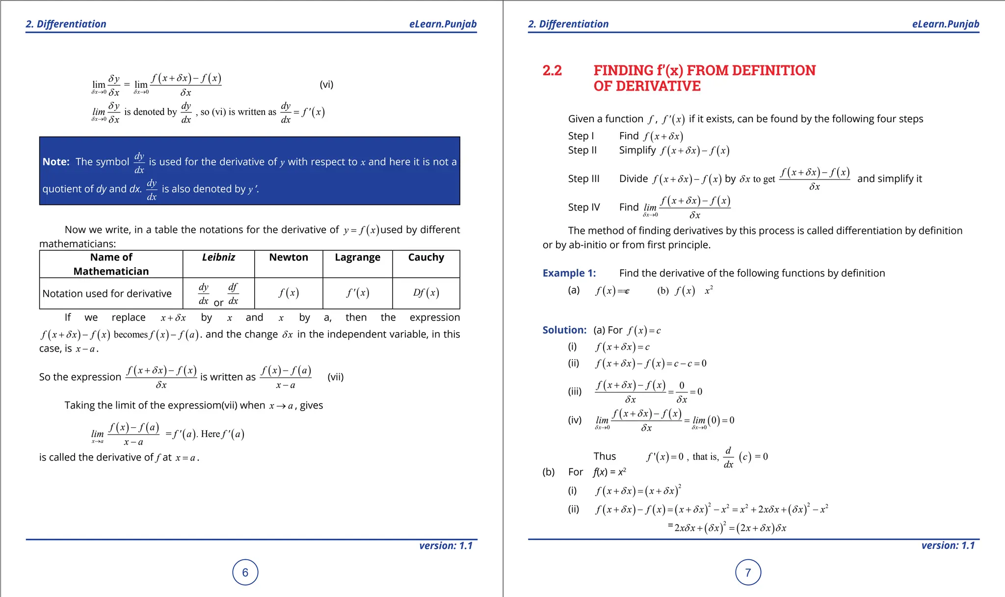 1. Quadratic Equations eLearn.Punjab 1. Quadratic Equations eLearn.Punjab
2. Diferentiation 2. Diferentiation
eLearn.Punjab eLearn.Punjab
6
version: 1.1 version: 1.1
7
( ) ( )
0 0
lim = lim
x x
f x x f x
y
x x
d d
d
d
d d
→ →
+ -
(vi)
( )
0
is denoted by , so (vi) is written as
x
y dy dy
lim f ' x
x dx dx
d
d
d
→
=
Note: The symbol
dy
dx
is used for the derivative of y with respect to x and here it is not a
quotient of dy and dx.
dy
dx
is also denoted by y ’.
Now we write, in a table the notations for the derivative of ( )
y f x
= used by diferent
mathematicians:
Name of
Mathematician
Leibniz Newton Lagrange Cauchy
Notation used for derivative
dy
dx or
df
dx
( )
f x ( )
f ' x ( )
Df x
If we replace x x
d
+ by x and x by a, then the expression
( ) ( ) ( ) ( )
becomes
f x x f x f x f a
d
+ - - . and the change x
d in the independent variable, in this
case, is x a
- .
So the expression
( ) ( )
f x x f x
x
d
d
+ -
is written as
( ) ( )
f x f a
x a
-
-
(vii)
Taking the limit of the expressiom(vii) when x a
→ , gives
( ) ( )
( ) ( )
= Here
x a
f x f a
lim f ' a . f ' a
x a
→
-
-
is called the derivative of f at x a
= .
2.2 FINDING f’(x) FROM DEFINITION
OF DERIVATIVE
Given a function f , ( )
f ' x if it exists, can be found by the following four steps
Step I Find ( )
f x x
d
+
Step II Simplify ( ) ( )
f x x f x
d
+ -
Step III Divide ( ) ( )
f x x f x
d
+ - by
( ) ( )
to get
f x x f x
x
x
d
d
d
+ -
and simplify it
Step IV Find
( ) ( )
0
x
f x x f x
lim
x
d
d
d
→
+ -
The method of inding derivatives by this process is called diferentiation by deinition
or by ab-initio or from irst principle.
Example 1: Find the derivative of the following functions by deinition
(a) ( ) ( ) 2
(b)
f x c f x x
=
=
Solution: (a) For ( )
f x c
=
(i) ( )
f x x c
d
+ =
(ii) ( ) ( ) 0
f x x f x c c
d
+ - = - =
(iii)
( ) ( ) 0
0
f x x f x
x x
d
d d
+ -
= =
(iv)
( ) ( )
( )
0 0
0 0
x x
f x x f x
lim lim
x
d d
d
d
→ →
+ -
= =
Thus ( ) ( )
' 0 , that is, = 0
d
f x c
dx
=
(b) For f(x) = x2
(i) ( ) ( )
2
f x x x x
d d
+ = +
(ii) ( ) ( ) ( ) ( )
2 2
2 2 2
2
f x x f x x x x x x x x x
d d d d
+ - = + - = + + -
= ( ) ( )
2
2 2
x x x x x x
d d d d
+ = +
 