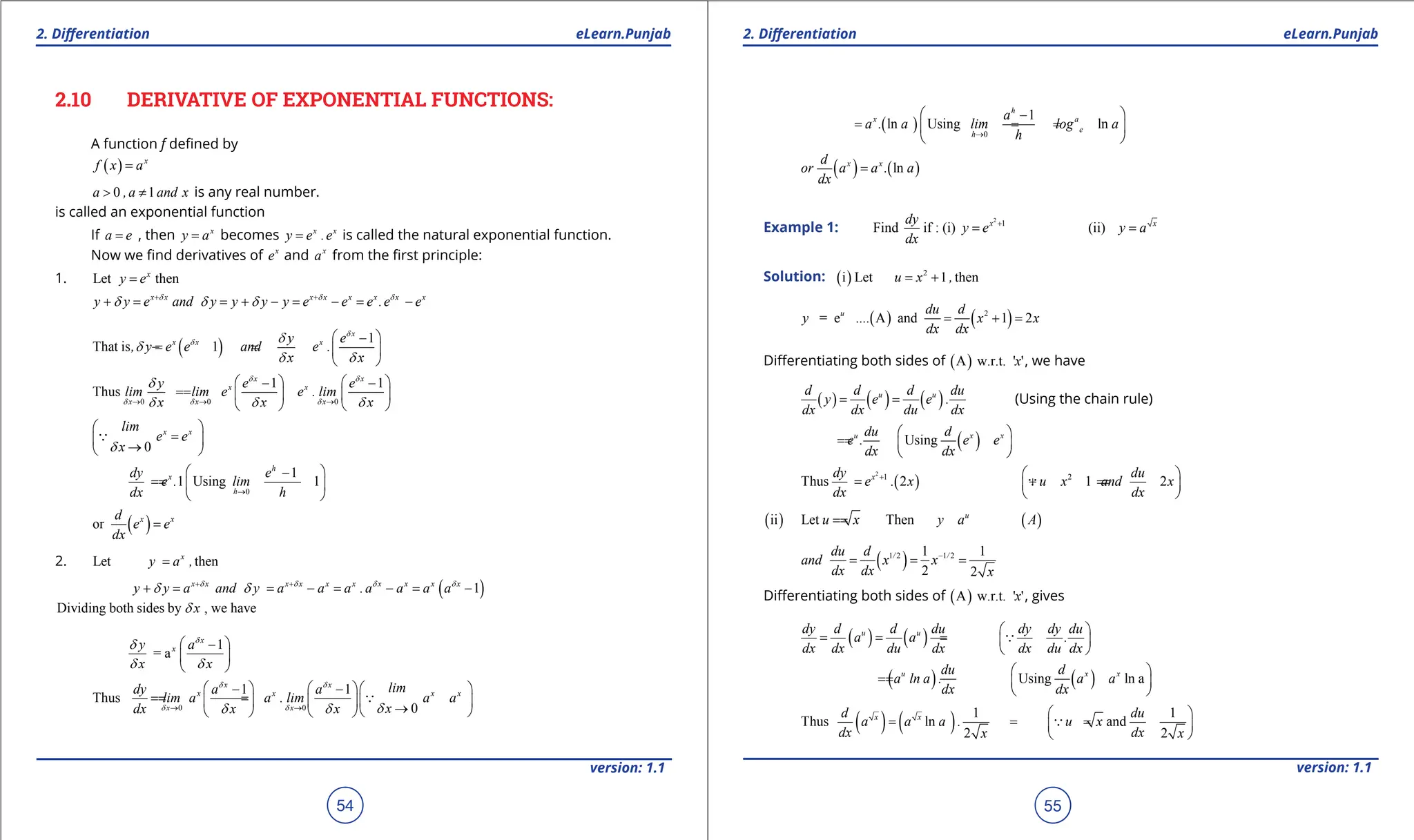 1. Quadratic Equations eLearn.Punjab 1. Quadratic Equations eLearn.Punjab
2. Diferentiation 2. Diferentiation
eLearn.Punjab eLearn.Punjab
54
version: 1.1 version: 1.1
55
2.10 DERIVATIVE OF EXPONENTIAL FUNCTIONS:
A function f deined by
( ) x
f x a
=
0 1
a ,a and x
> ≠ is any real number.
is called an exponential function
If a e
= , then x
y a
= becomes x x
y e .e
= is called the natural exponential function.
Now we ind derivatives of x
e and x
a from the irst principle:
1. Let then
x
y e
=
x x x x x x x x
y y e and y y y y e e e .e e
d d d
d d d
+ +
+ = = + - = - = -
( ) 1
That is 1
x
x x x
y e
, y e e and e .
x x
d
d d
d
d d
 
-
=
- =  
 
0 0 0
1 1
Thus
x x
x x
x x x
y e e
lim lim e e . lim
x x x
d d
d d d
d
d d d
→ → →
   
- -
=
=    
   
0
x x
lim
e e
x
d
 
=
 
→
 

0
1
1 Using 1
h
x
h
dy e
e . lim
dx h
→
 
-
=
=  
 
( )
or x x
d
e e
dx
=
2. Let then
x
y a ,
=
( )
1
x x x x x x x x x x
y y a and y a a a .a a a a
d d d d
d d
+ +
+ = = - = - = -
Dividing both sides by , we have
x
d
1
= a
x
x
y a
x x
d
d
d d
 
-
 
 
0 0
1 1
Thus
0
x x
x x x x
x x
lim
dy a a
lim a a . lim a a
x
dx x x
d d
d d d
d d
→ →
    
- -
=
=
=
    
→
 
   

( ) 0
1
ln Using ln
h
x a
e
h
a
a . a lim log a
h
→
 
-
= = =
 
 
( ) ( )
ln
x x
d
or a a . a
dx
=
Example 1:
2
1
Find if : (i) x
dy
y e
dx
+
= (ii) x
y a
=
Solution: ( ) 2
i Let 1 then
u x ,
= +
( ) ( )
2
= e A and 1 2
u du d
y .... x x
dx dx
= +=
Diferentiating both sides of ( )
A w.r.t. ' '
x , we have
( ) ( ) ( )
u u
d d d du
y e e .
dx dx du dx
= = (Using the chain rule)
( )
Using
u x x
du d
e . e e
dx dx
 
=
=  
 
( )
2
1 2
Thus 2 1 2
x
dy du
e . x u x and x
dx dx
+  
= =
+ =
 
 

( ) ( )
ii Let Then u
u x y a A
=
=
( )
1 2 1 2
1 1
2 2
/ /
du d
and x x
dx dx x
-
= = =
Diferentiating both sides of ( )
A w.r.t. ' '
x , gives
( ) ( )
u u
dy d d du dy dy du
a a .
dx dx du dx dx du dx
 
= = =  
 

( ) ( )
Using ln a
u x x
du d
a ln a . a a
dx dx
 
=
=  
 
( ) ( ) 1 1
Thus ln and
2 2
x x
d du
a a a . u x
dx dx
x x
 
= = =
 
 

 