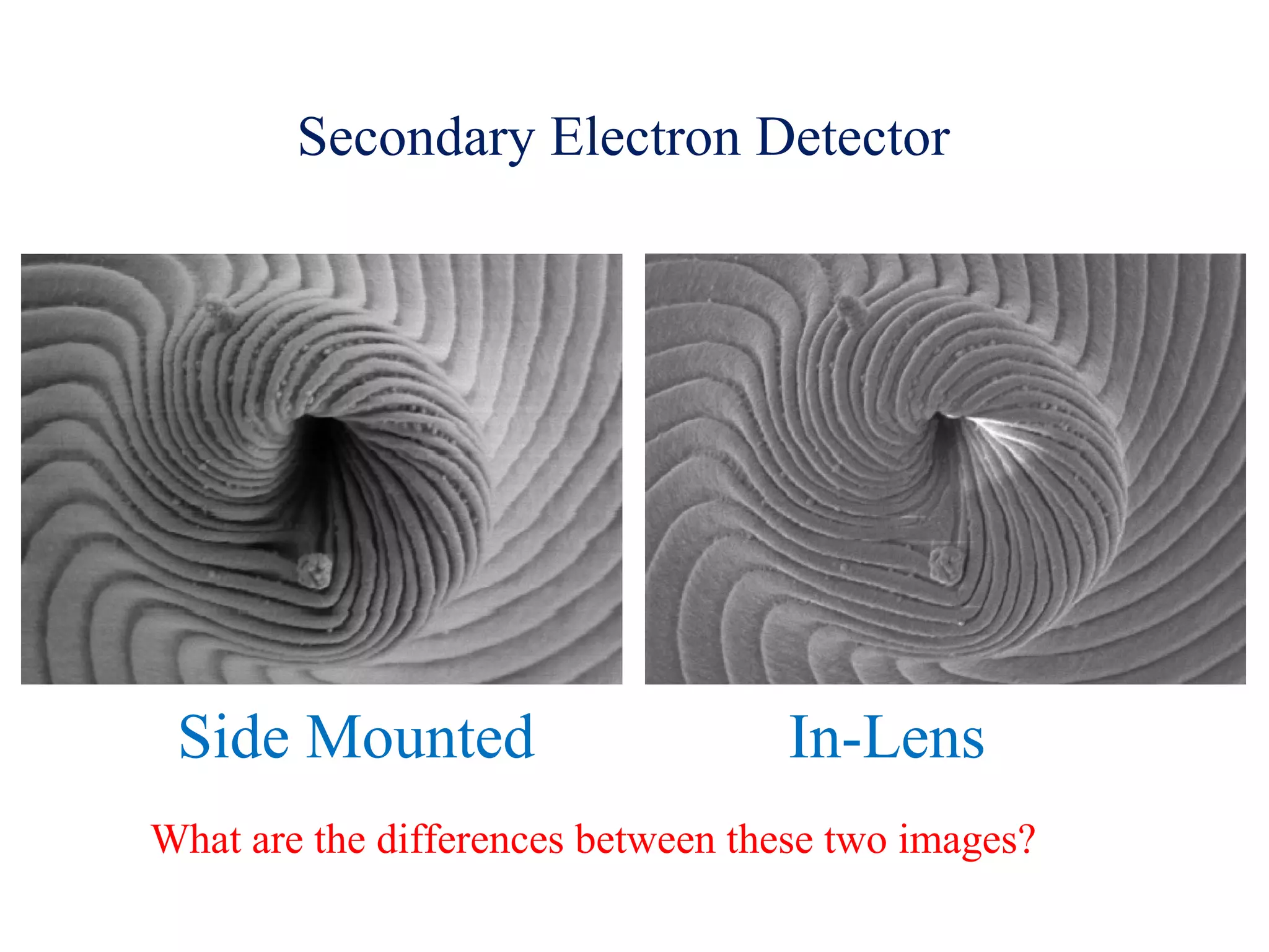 Secondary Electron Detector
Side Mounted In-Lens
What are the differences between these two images?
 